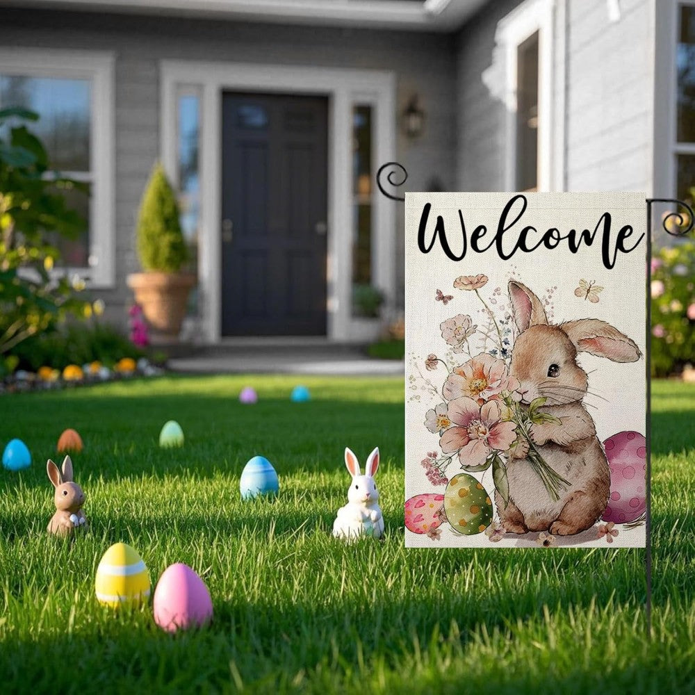 Welcome Easter Bunny Themed Garden Flag in garden yard setting