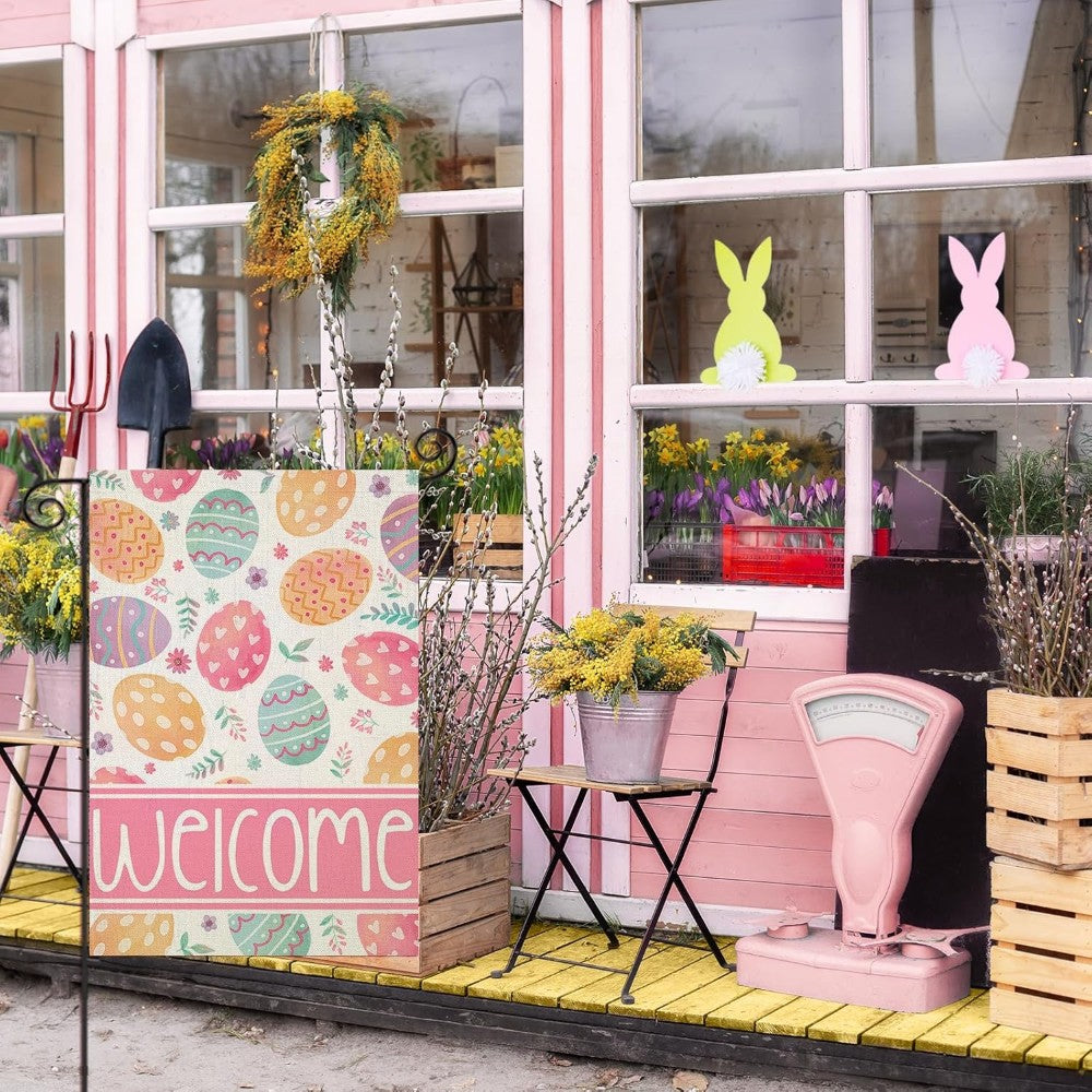 Welcome Printed Easter Garden Flag displayed outdoors on garden stake