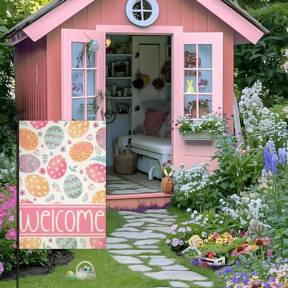 Welcome Printed Easter Garden Flag in garden yard setting