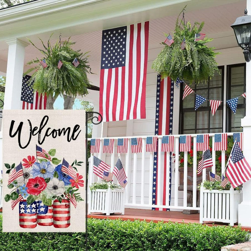Home Sweet Home Festive 4th Of July Garden Flag in garden yard setting