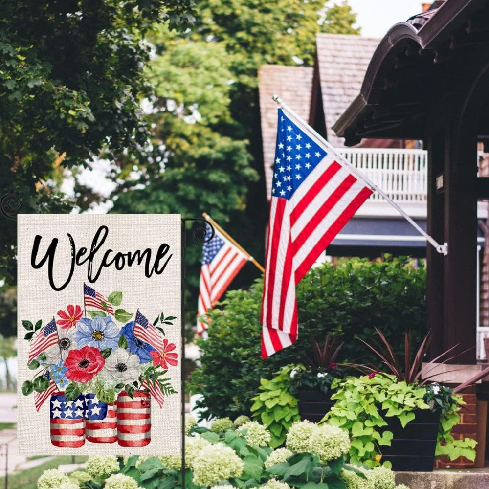 Home Sweet Home Festive 4th Of July Garden Flag displayed outdoors on garden stake