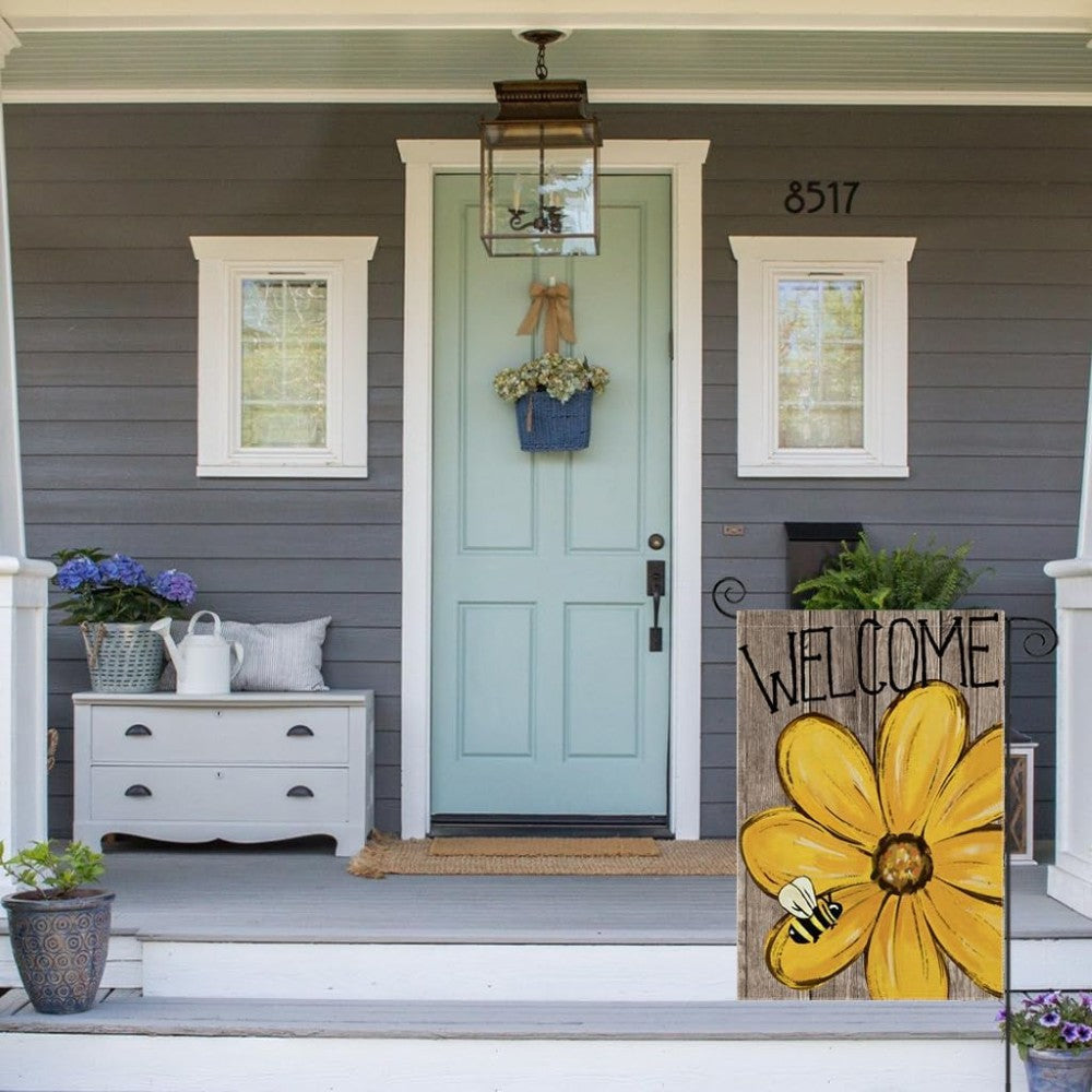 Welcome Printed Summer Garden Flag displayed outdoors on garden stake