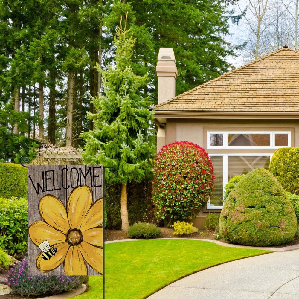 Welcome Printed Summer Garden Flag in garden yard setting