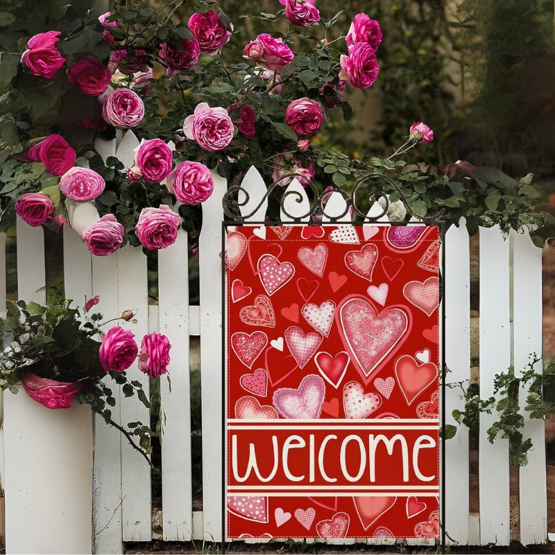 Welcome Printed Valentines Day House Flag flying on outdoor flagpole