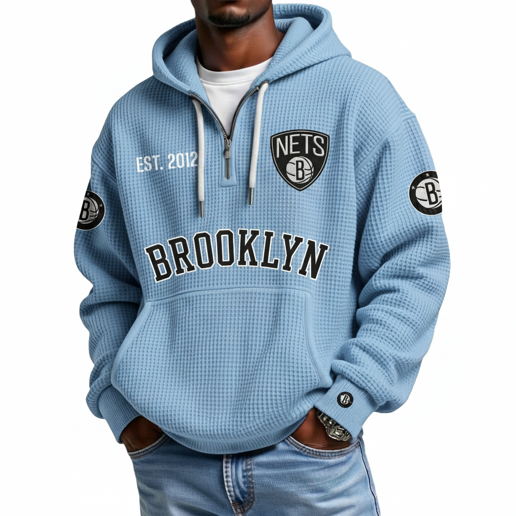 Brooklyn Nets EST 1967 Printed Waffle Quarter Zip Basketball Fan Hoodie