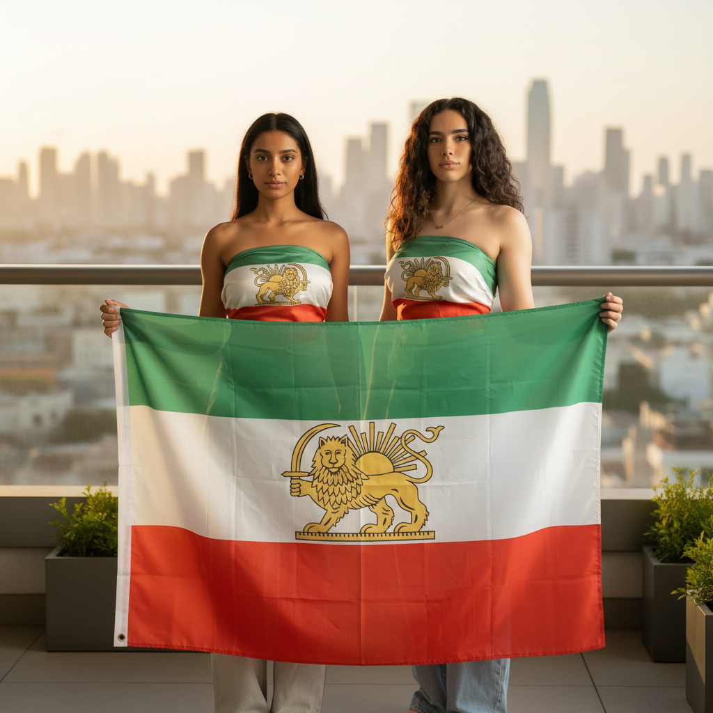 Historic Pre 1979 Iran Flag With Lion And Sun Emblem close-up showing fabric texture and vivid colors