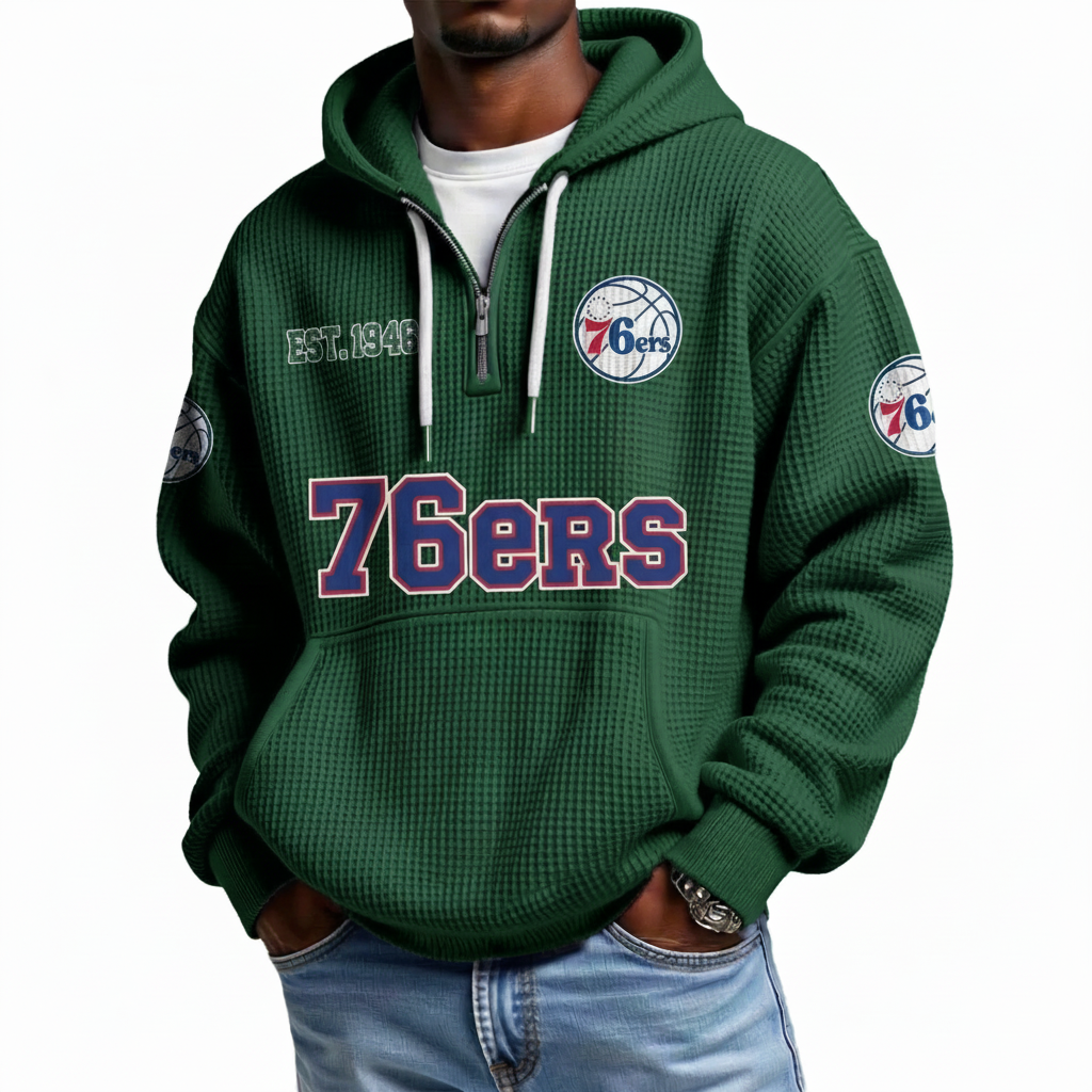 Philadelphia 76ers EST 1946 Printed Waffle Quarter Zip Basketball Fan Hoodie