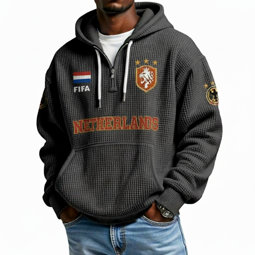 FIFA 2026 Netherlands Printed Waffle Quarter Zip Football Fan Hoodie