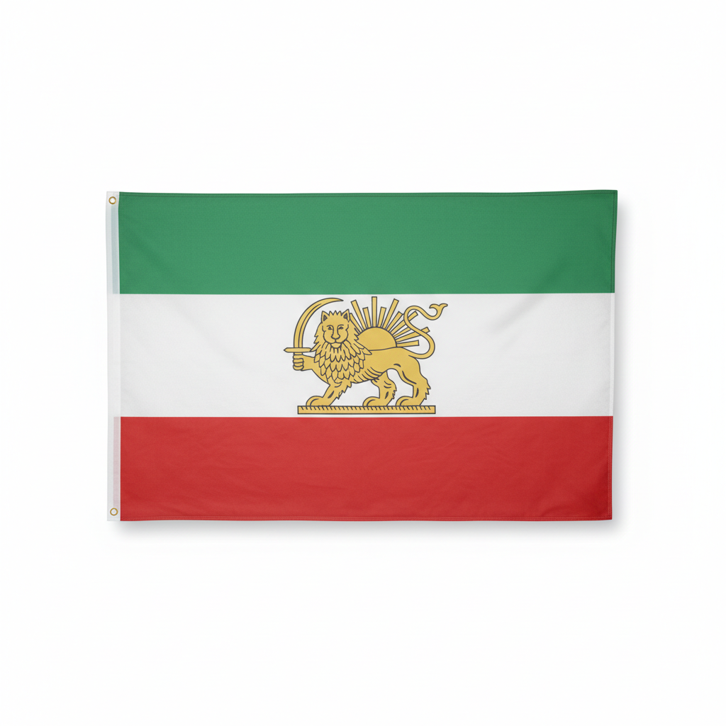 Historic Pre 1979 Iran Flag With Lion And Sun Emblem - front view on white background