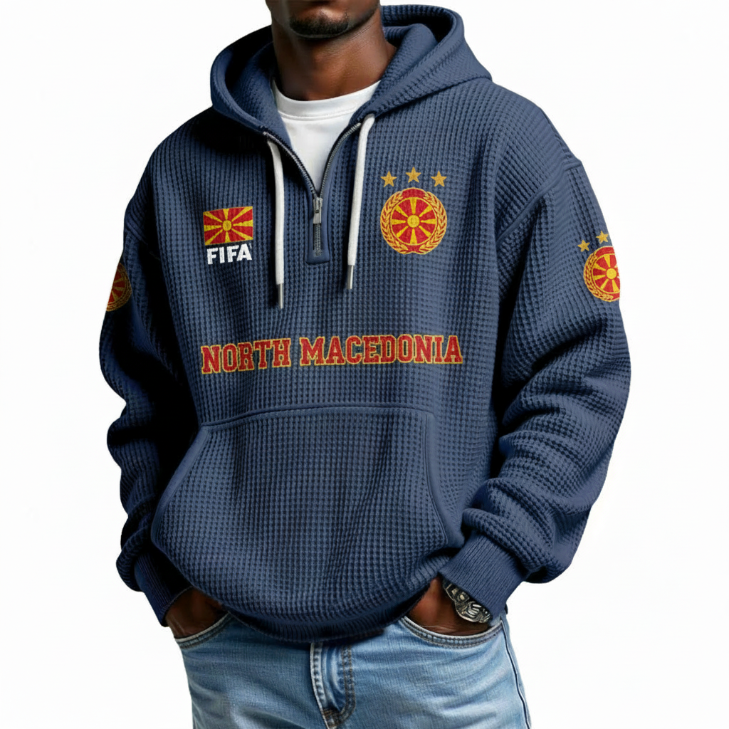 FIFA 2026 North Macedonia Printed Waffle Quarter Zip Football Fan Hoodie