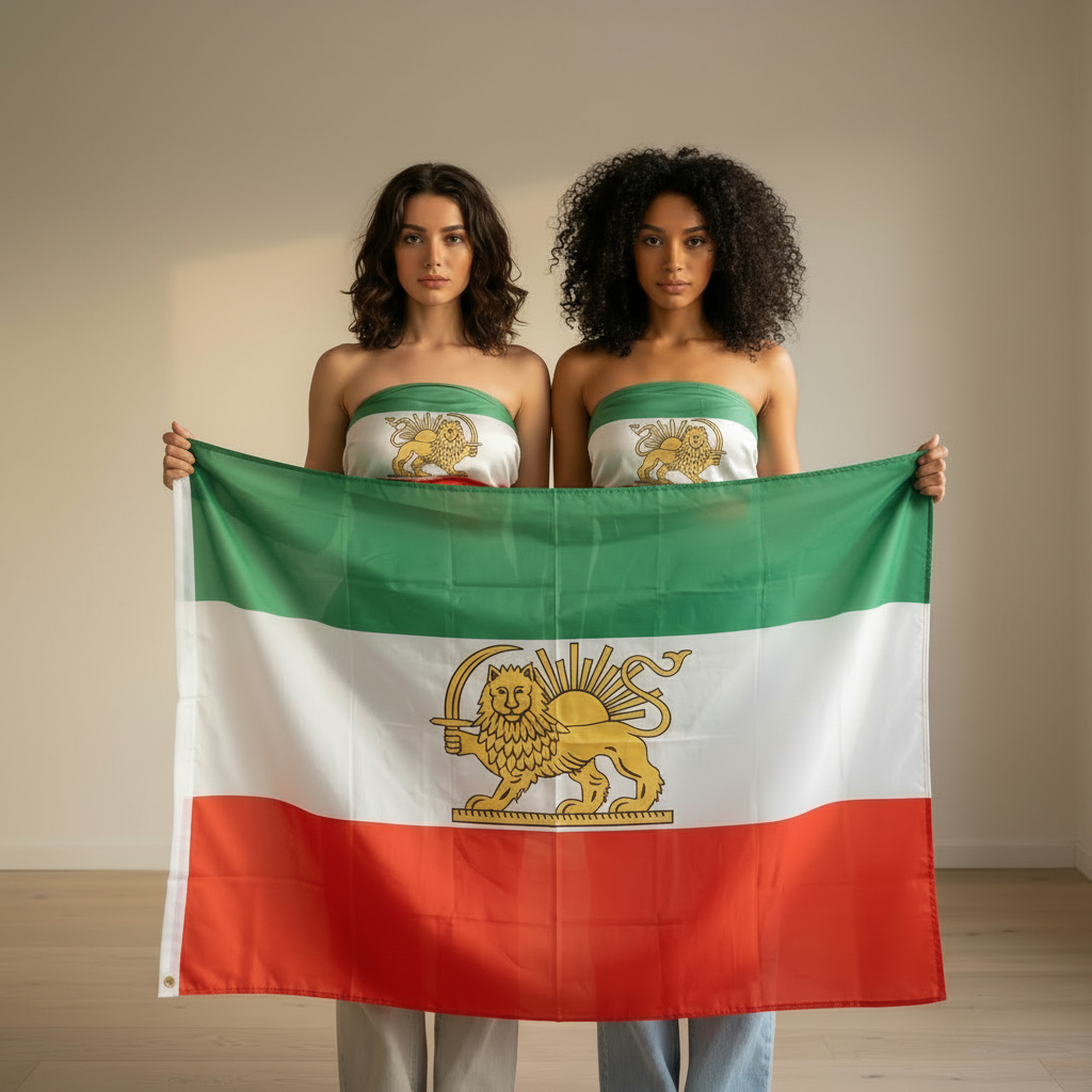 Historic Pre 1979 Iran Flag With Lion And Sun Emblem flying on outdoor flagpole