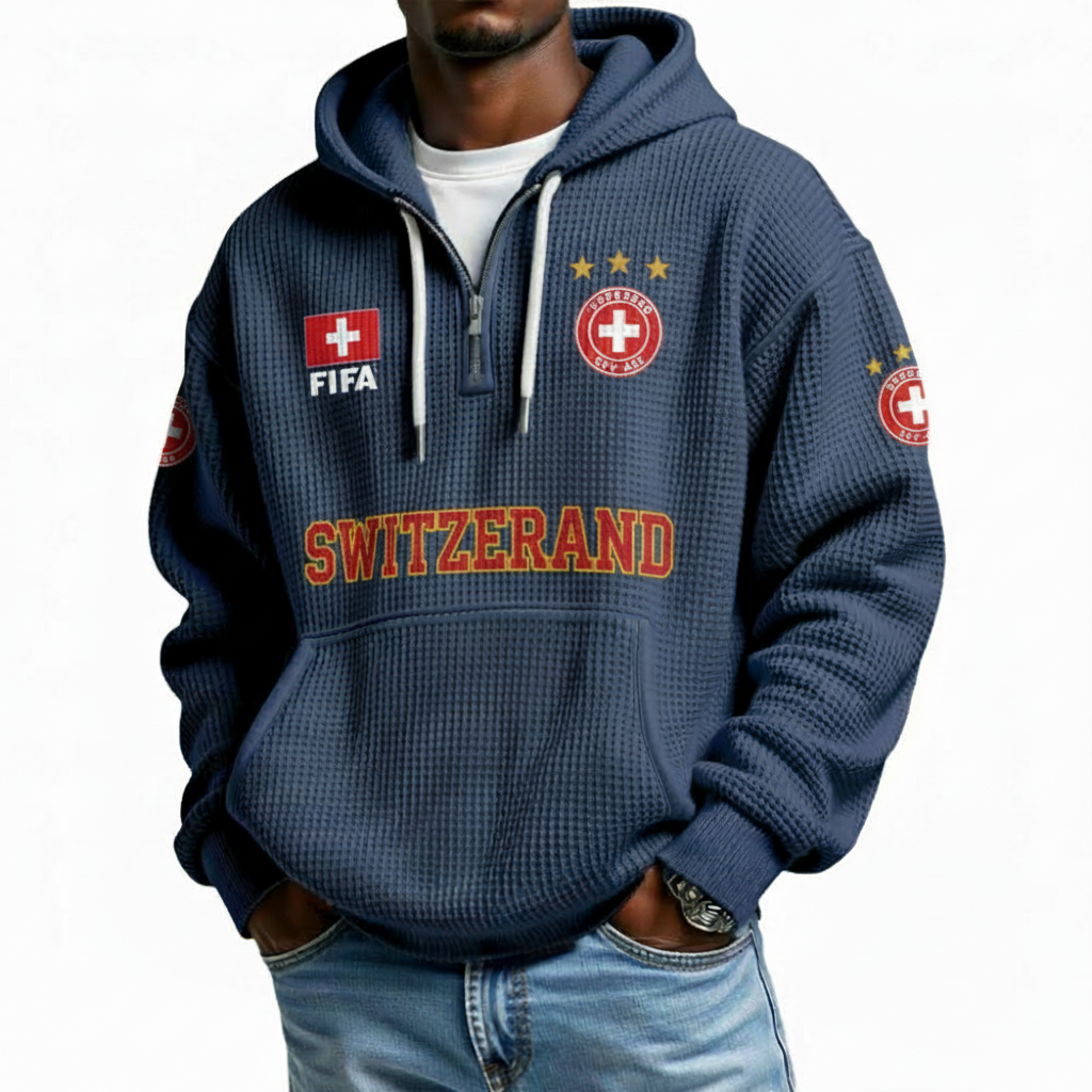 FIFA 2026 Switzerland Printed Waffle Quarter Zip Football Fan Hoodie