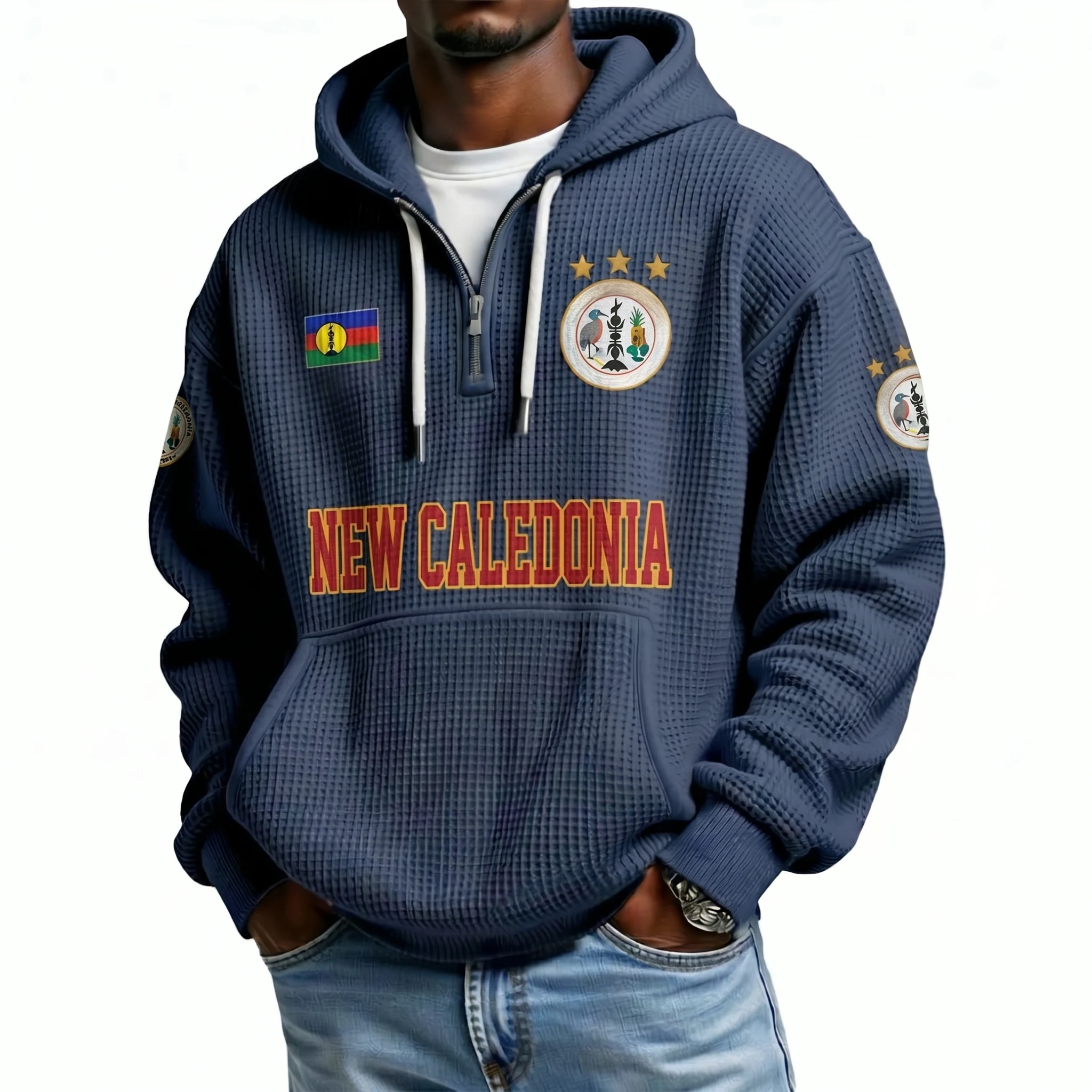 New Caledonia Printed Waffle Quarter Zip Football Fan Hoodie