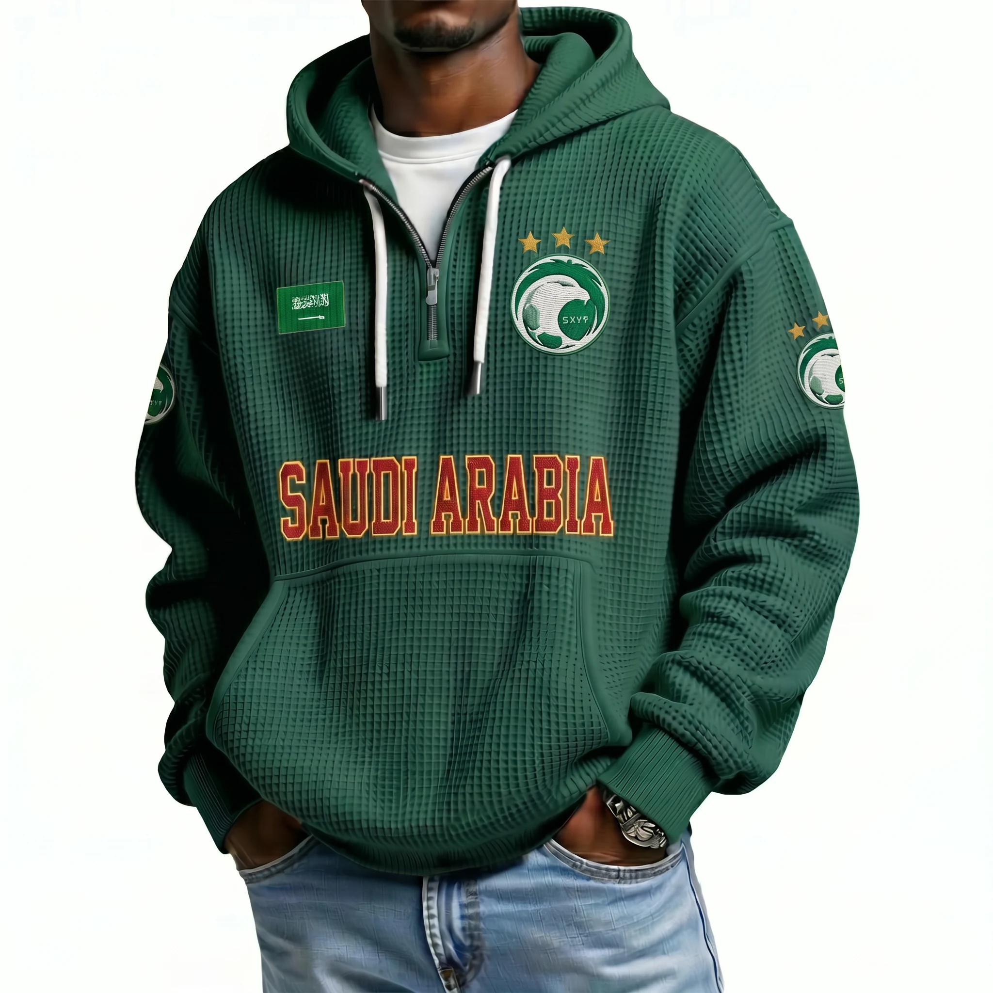 Saudi Arabia Printed Waffle Quarter Zip Football Fan Hoodie