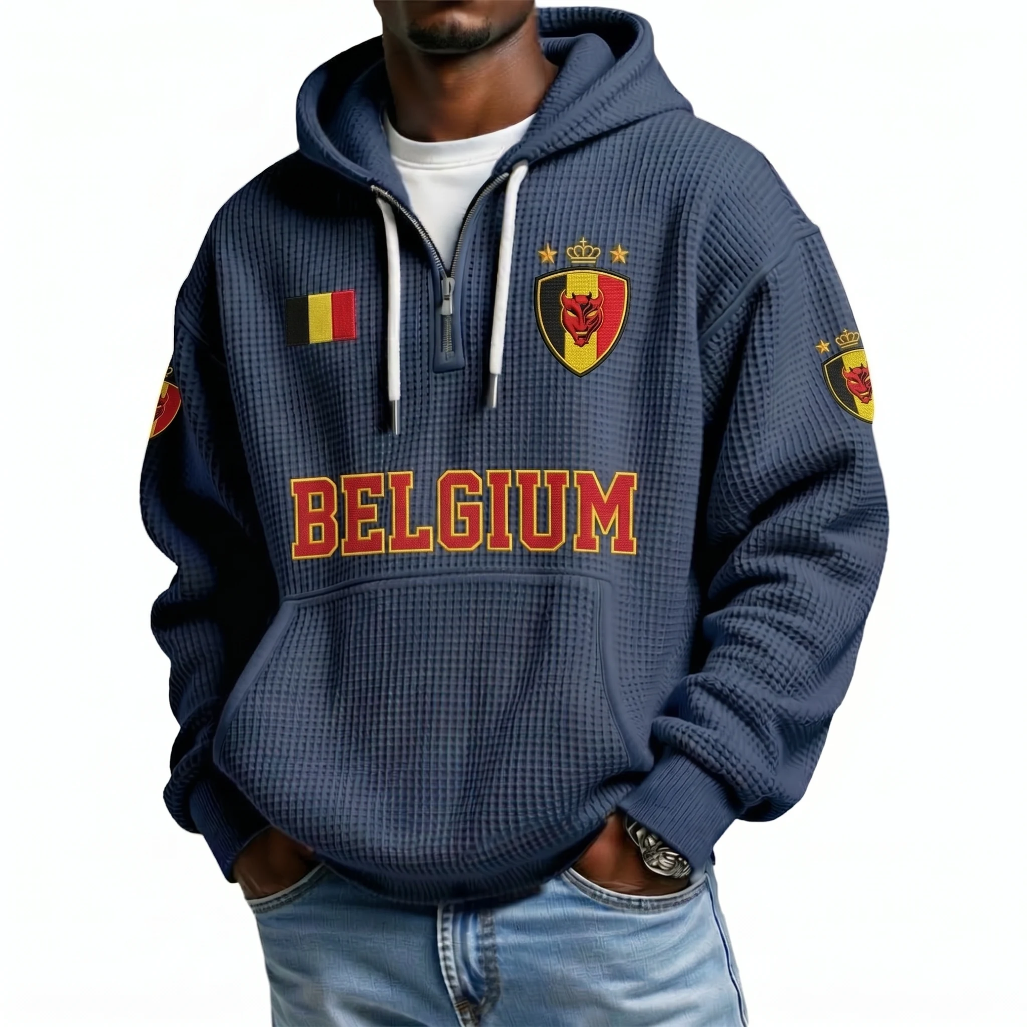 Belgium Printed Waffle Quarter Zip Football Fan Hoodie