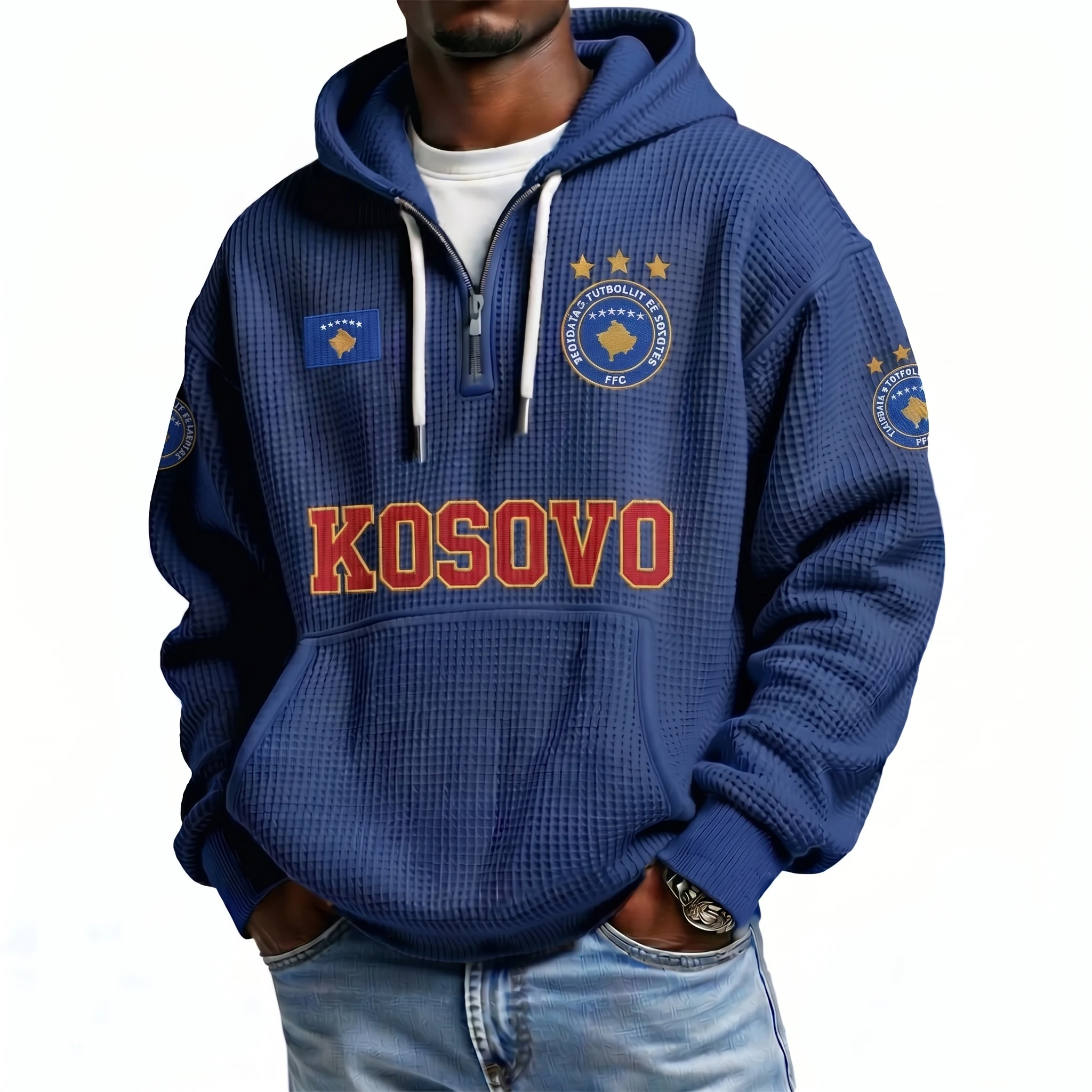 Kosovo Printed Waffle Quarter Zip Football Fan Hoodie