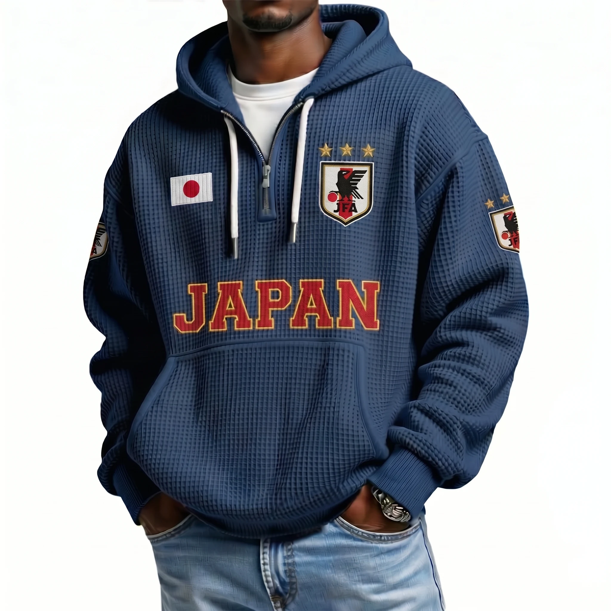 Japan Printed Waffle Quarter Zip Football Fan Hoodie