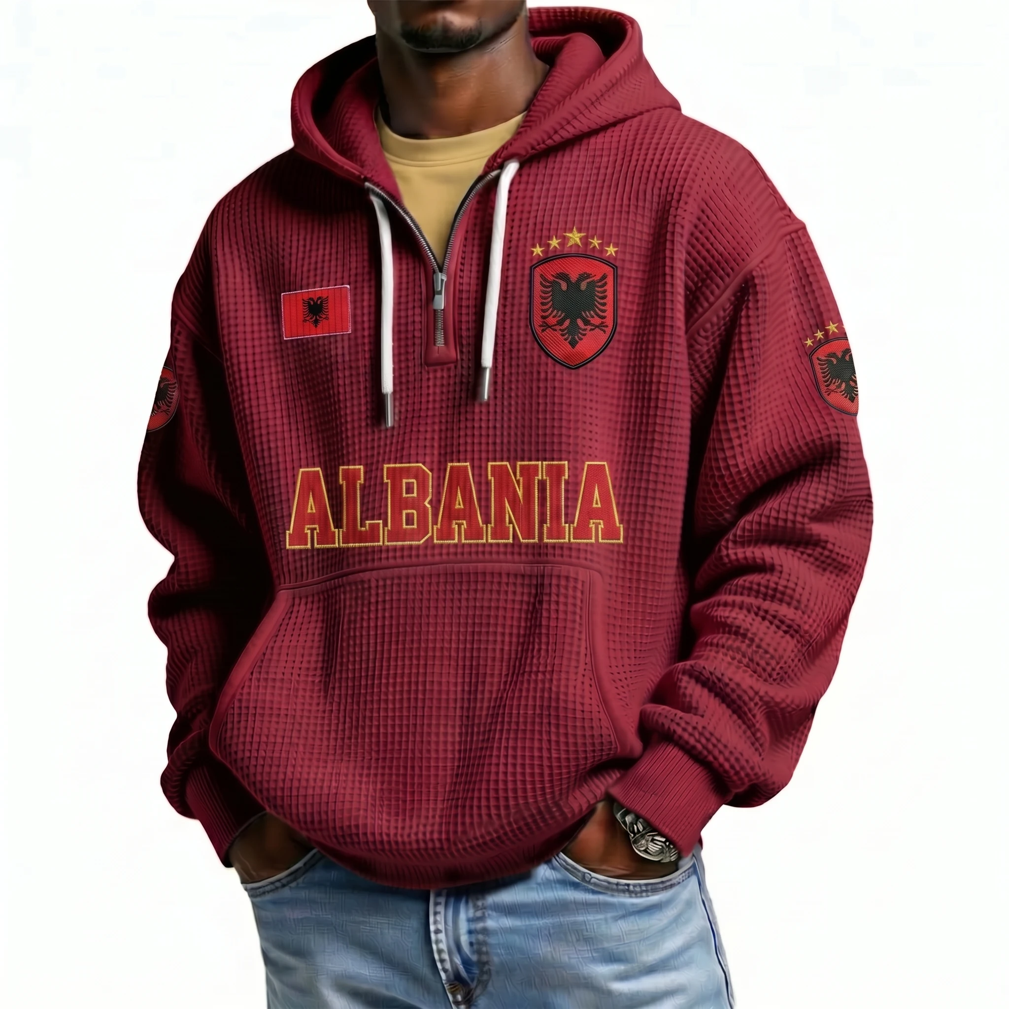 Albania Printed Waffle Quarter Zip Football Fan Hoodie