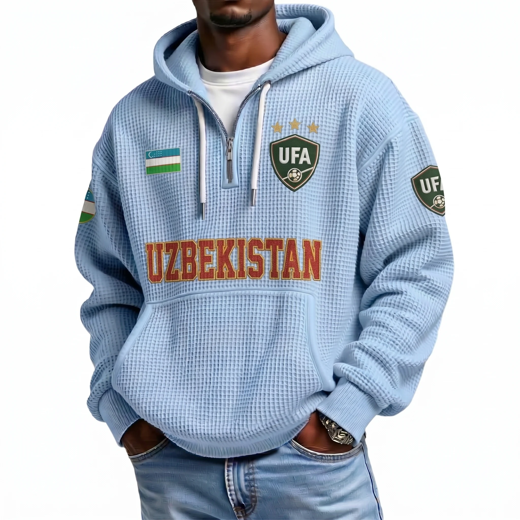 Uzbekistan Printed Waffle Quarter Zip Football Fan Hoodie