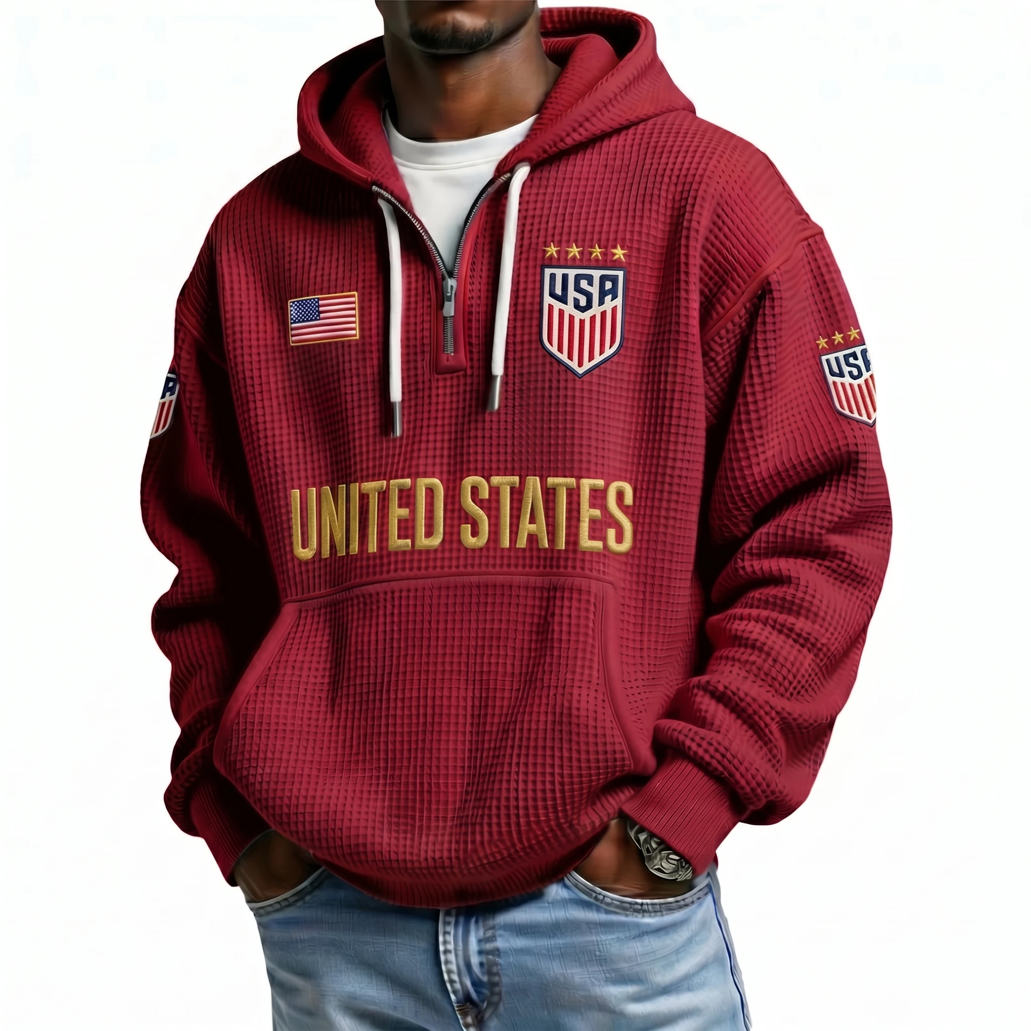 United States Printed Waffle Quarter Zip Football Fan Hoodie