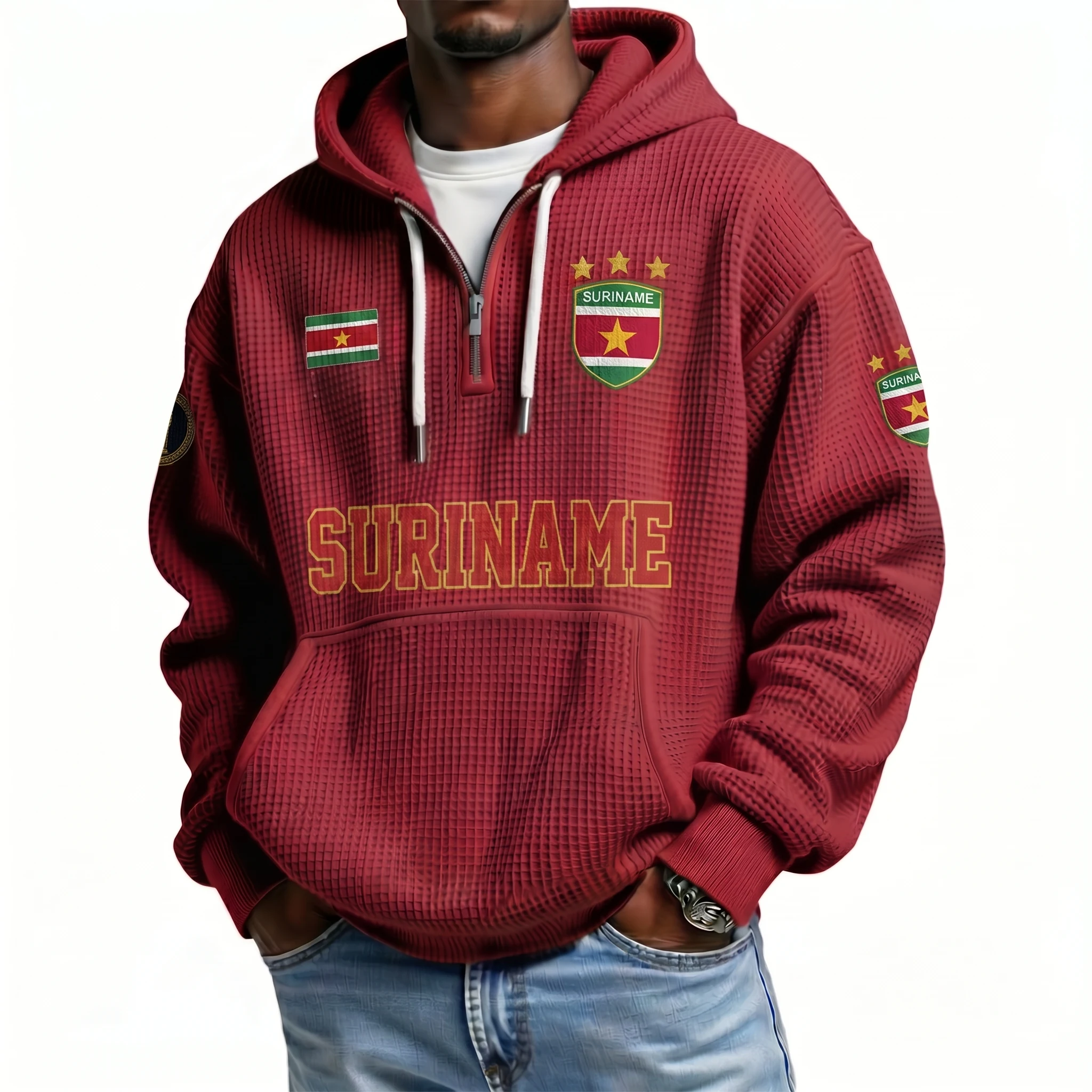 Suriname Printed Waffle Quarter Zip Football Fan Hoodie