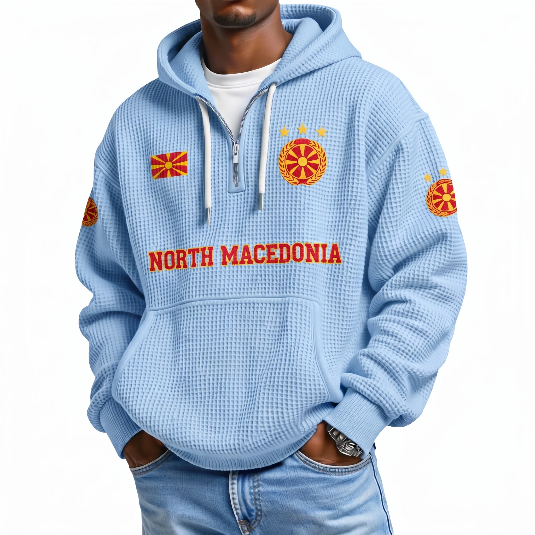 North Macedonia Printed Waffle Quarter Zip Football Fan Hoodie