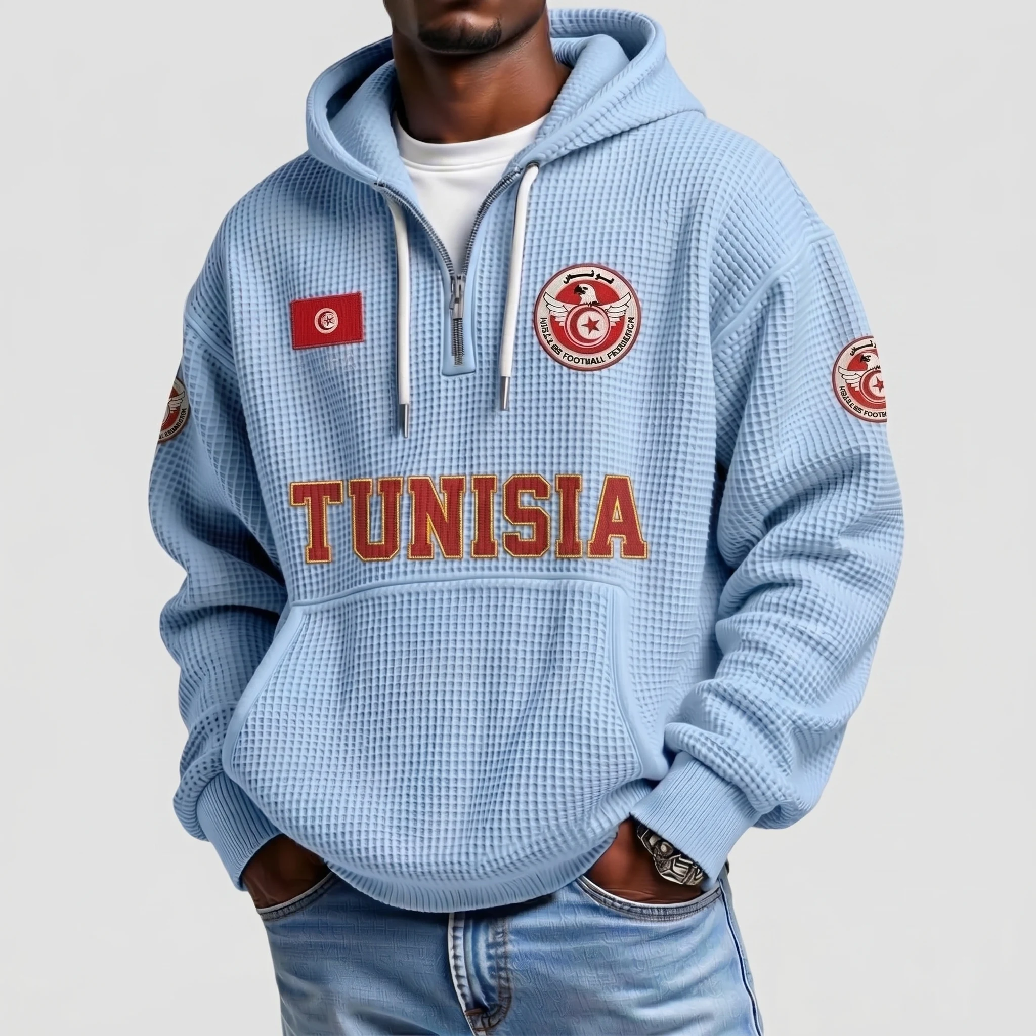 Tunisia Printed Waffle Quarter Zip Football Fan Hoodie