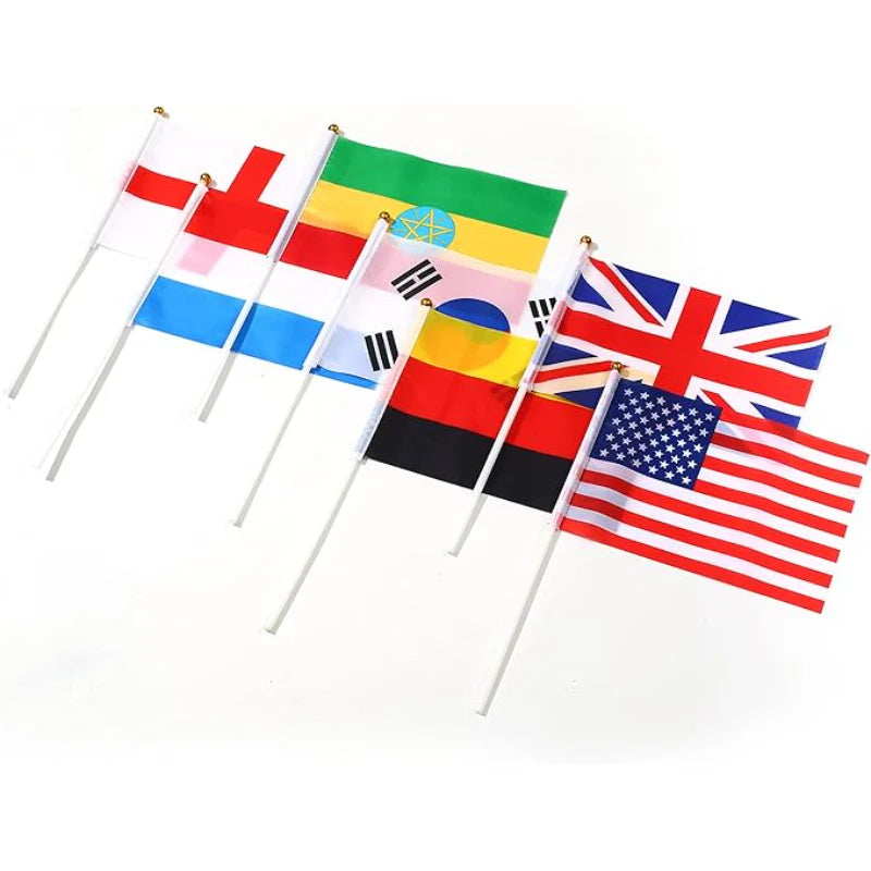 Assorted mini international flags including the USA, UK, South Korea, and more, attached to white poles.