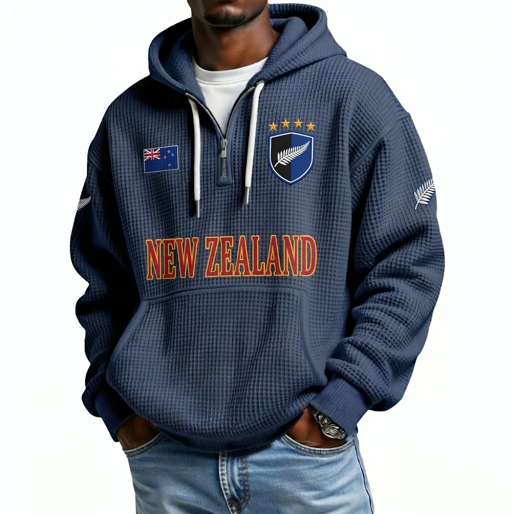 New Zealand Printed Waffle Quarter Zip Football Fan Hoodie