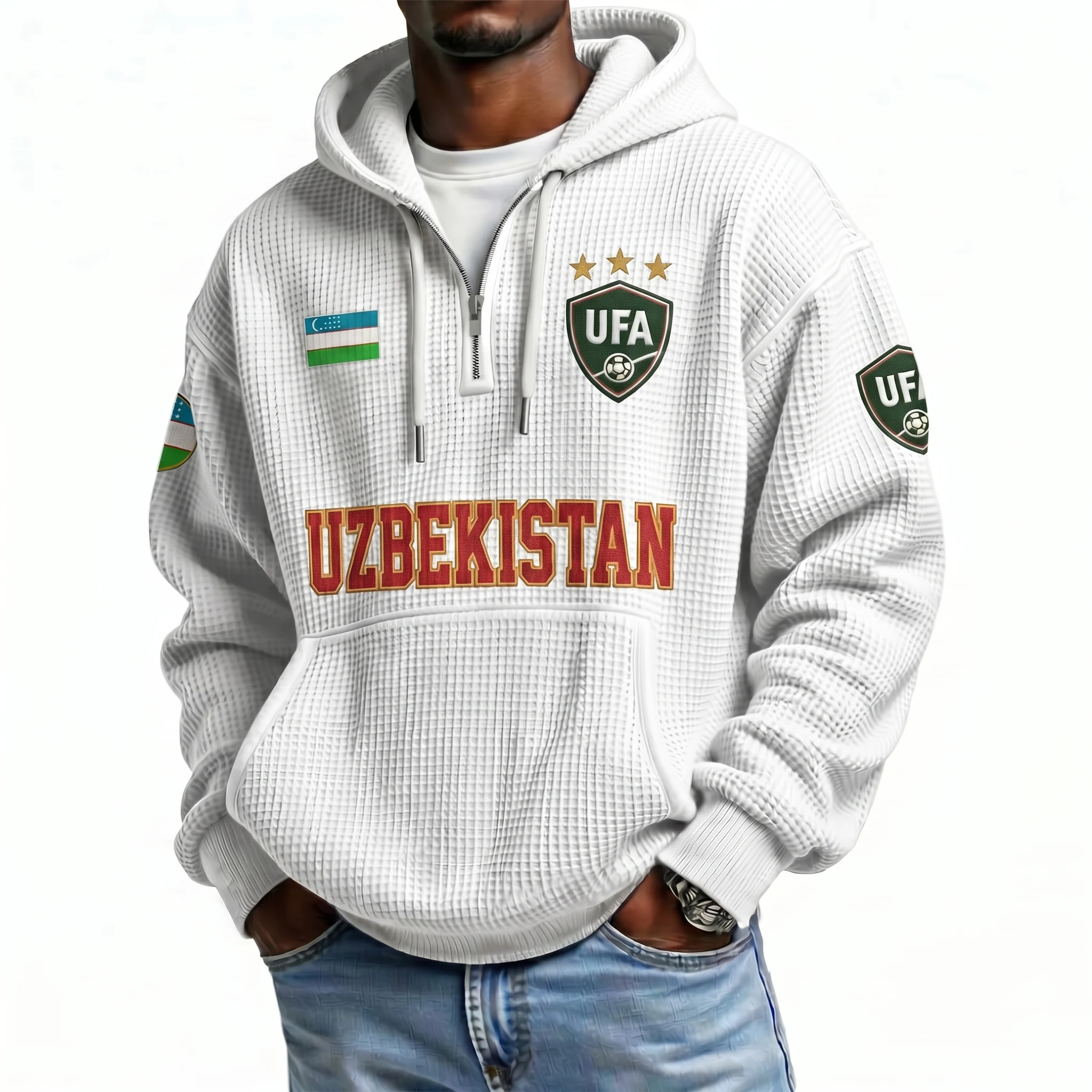 Uzbekistan Printed Waffle Quarter Zip Football Fan Hoodie