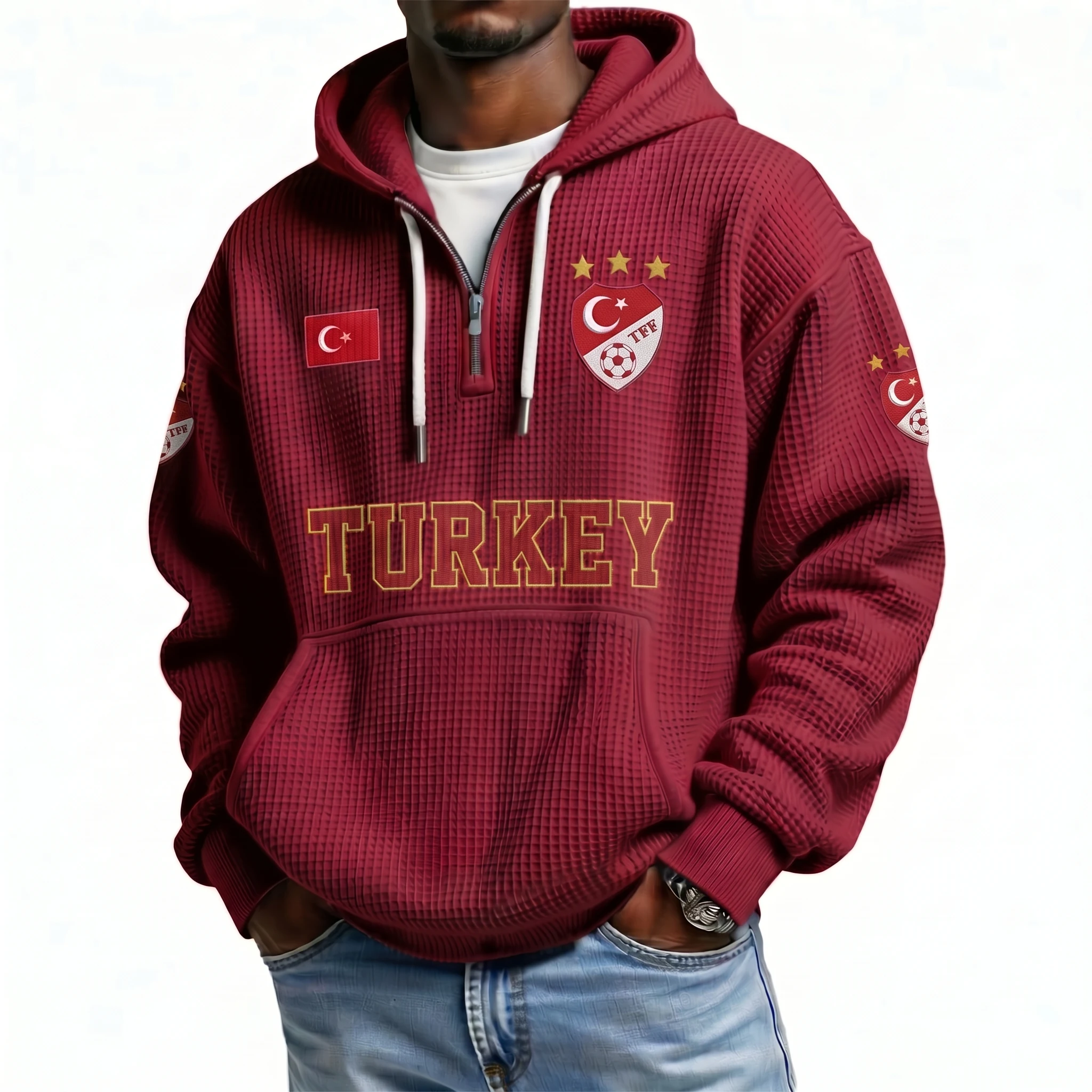 Turkey Printed Waffle Quarter Zip Football Fan Hoodie