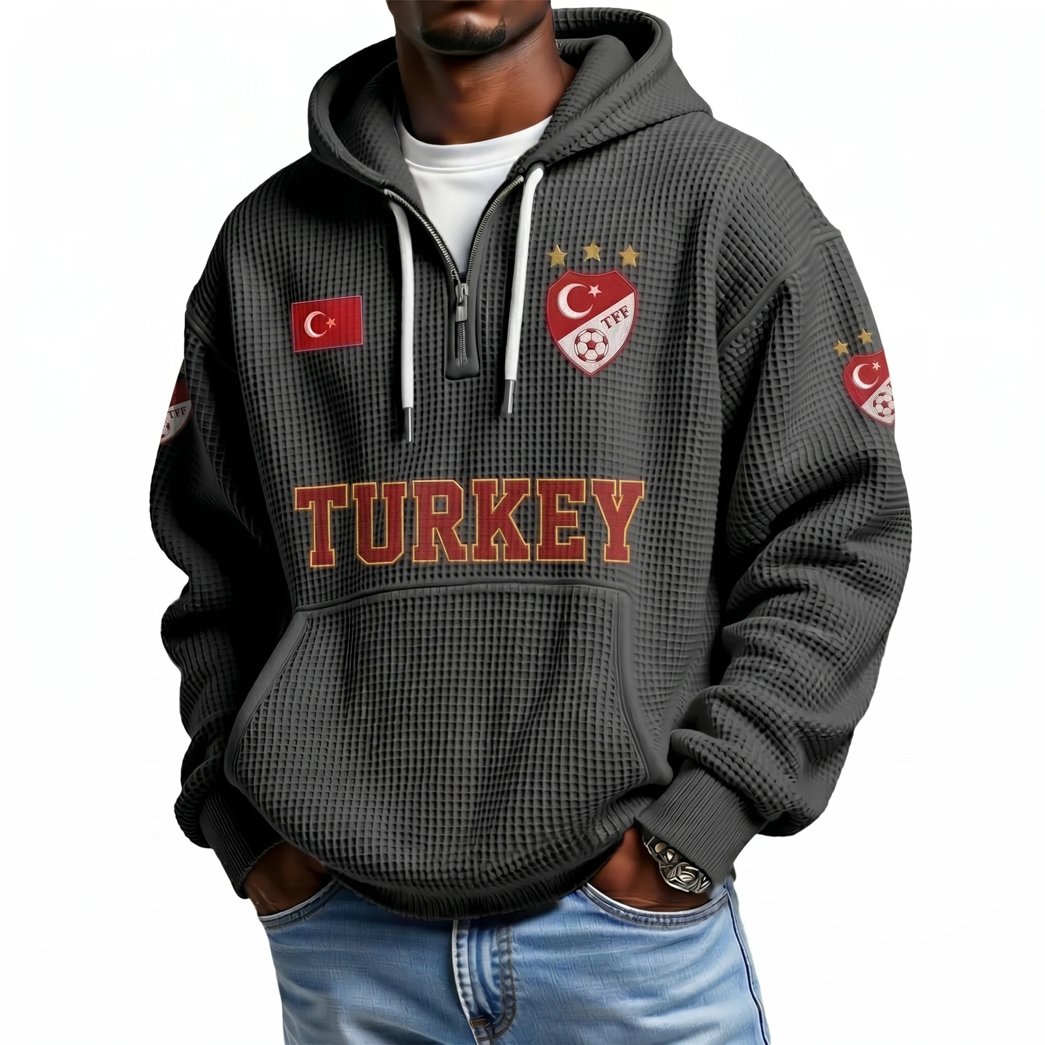 Turkey Printed Waffle Quarter Zip Football Fan Hoodie