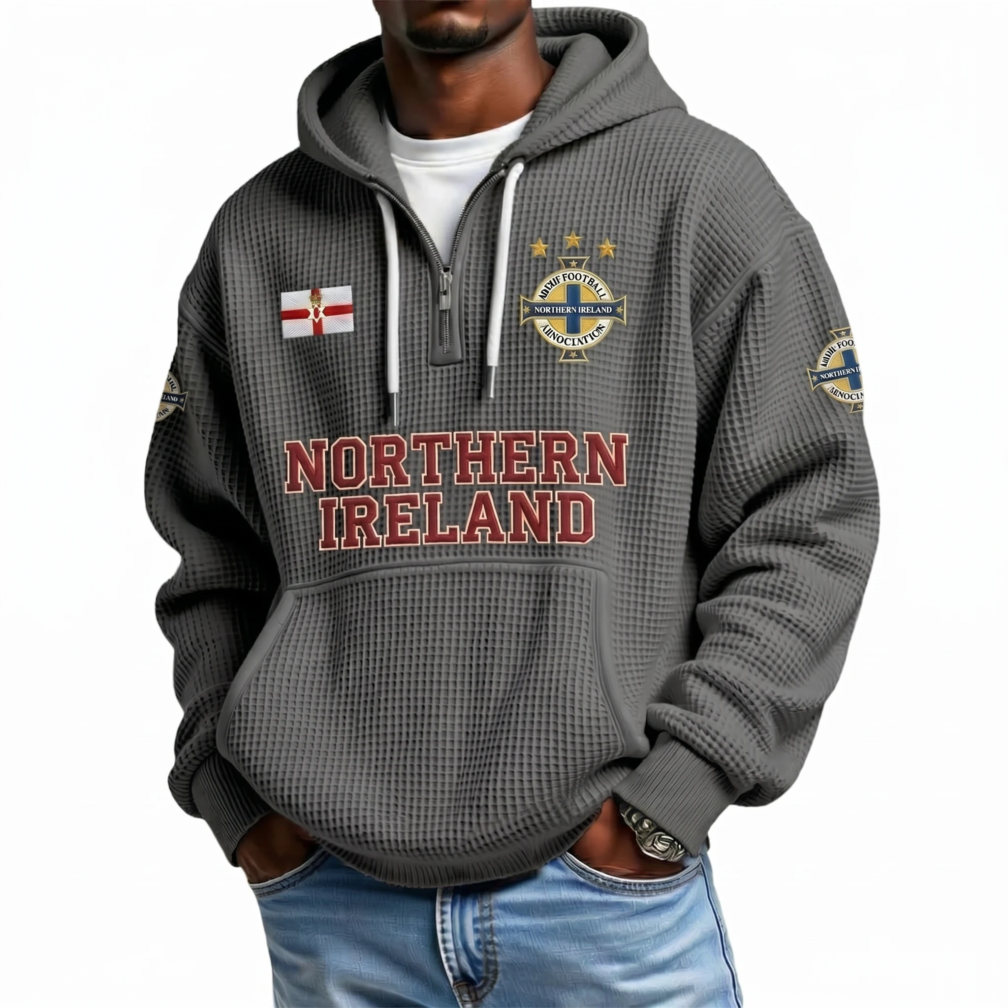 Northern Ireland Printed Waffle Quarter Zip Football Fan Hoodie