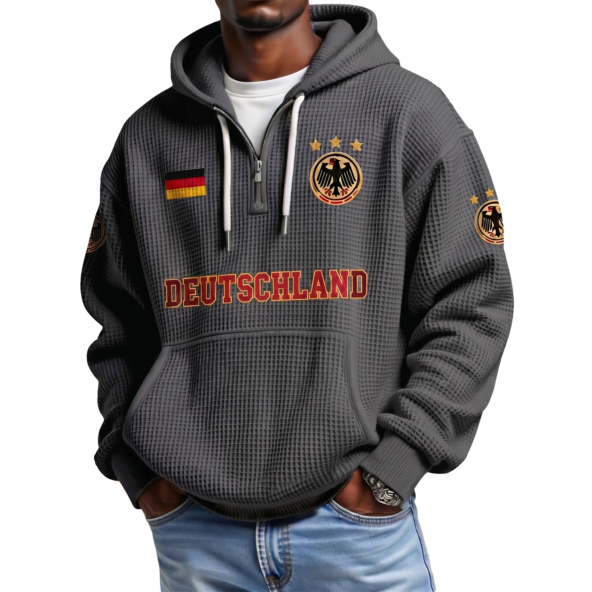 Germany Printed Waffle Quarter Zip Football Fan Hoodie