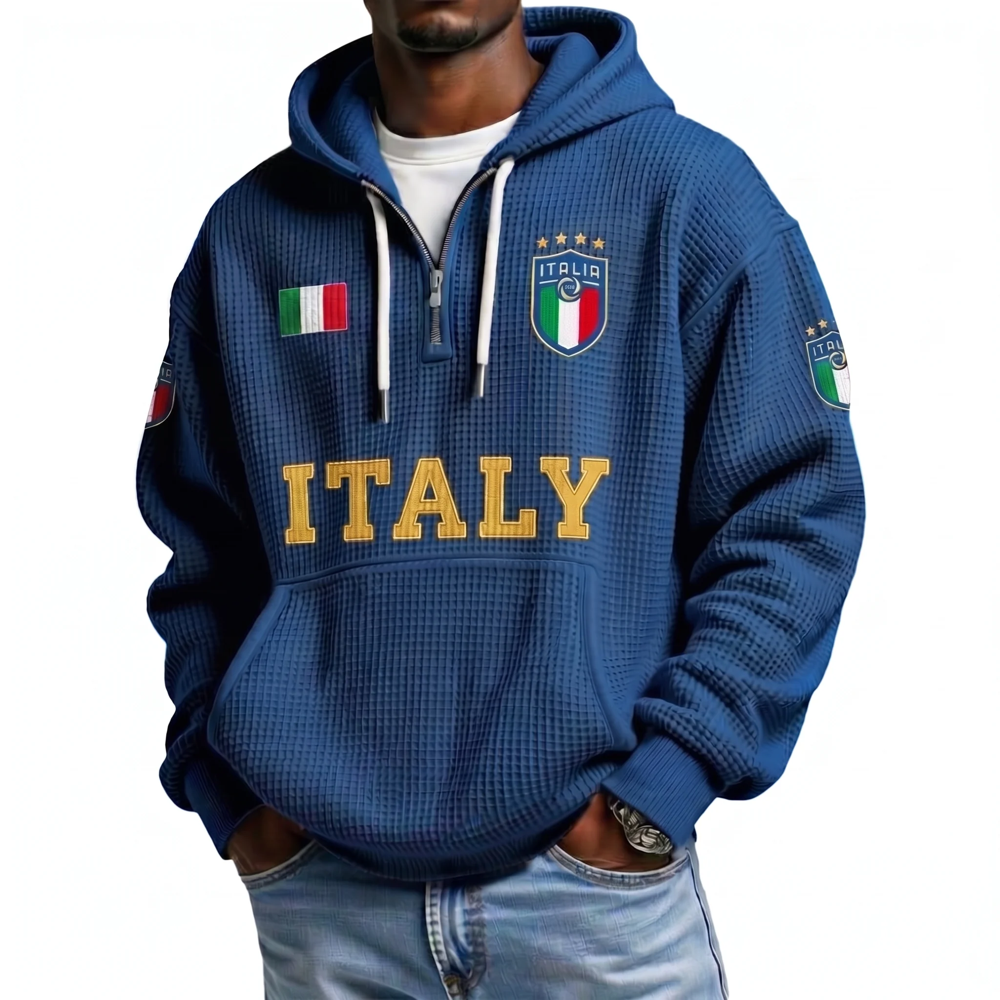 Italy Printed Waffle Quarter Zip Football Fan Hoodie
