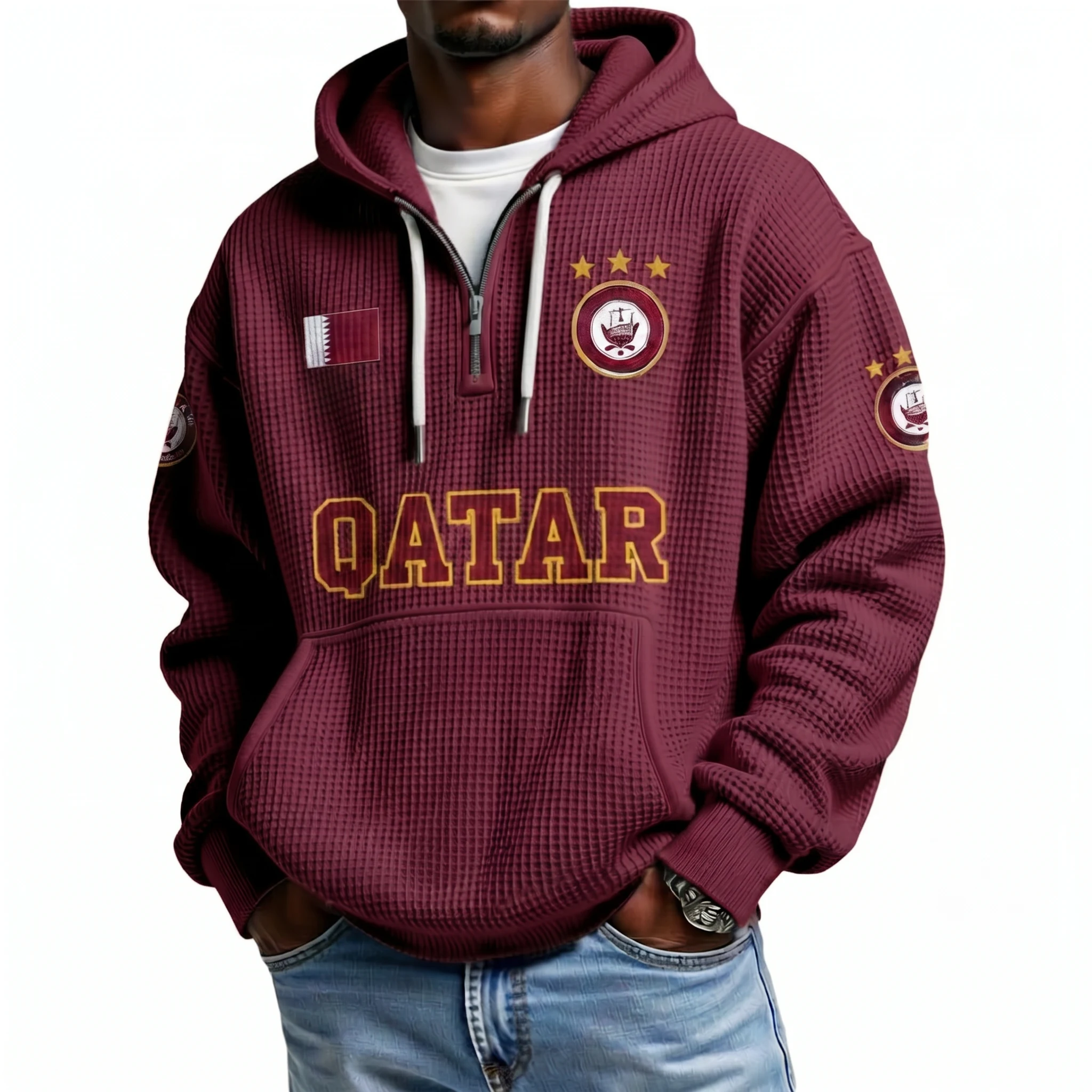Qatar Printed Waffle Quarter Zip Football Fan Hoodie
