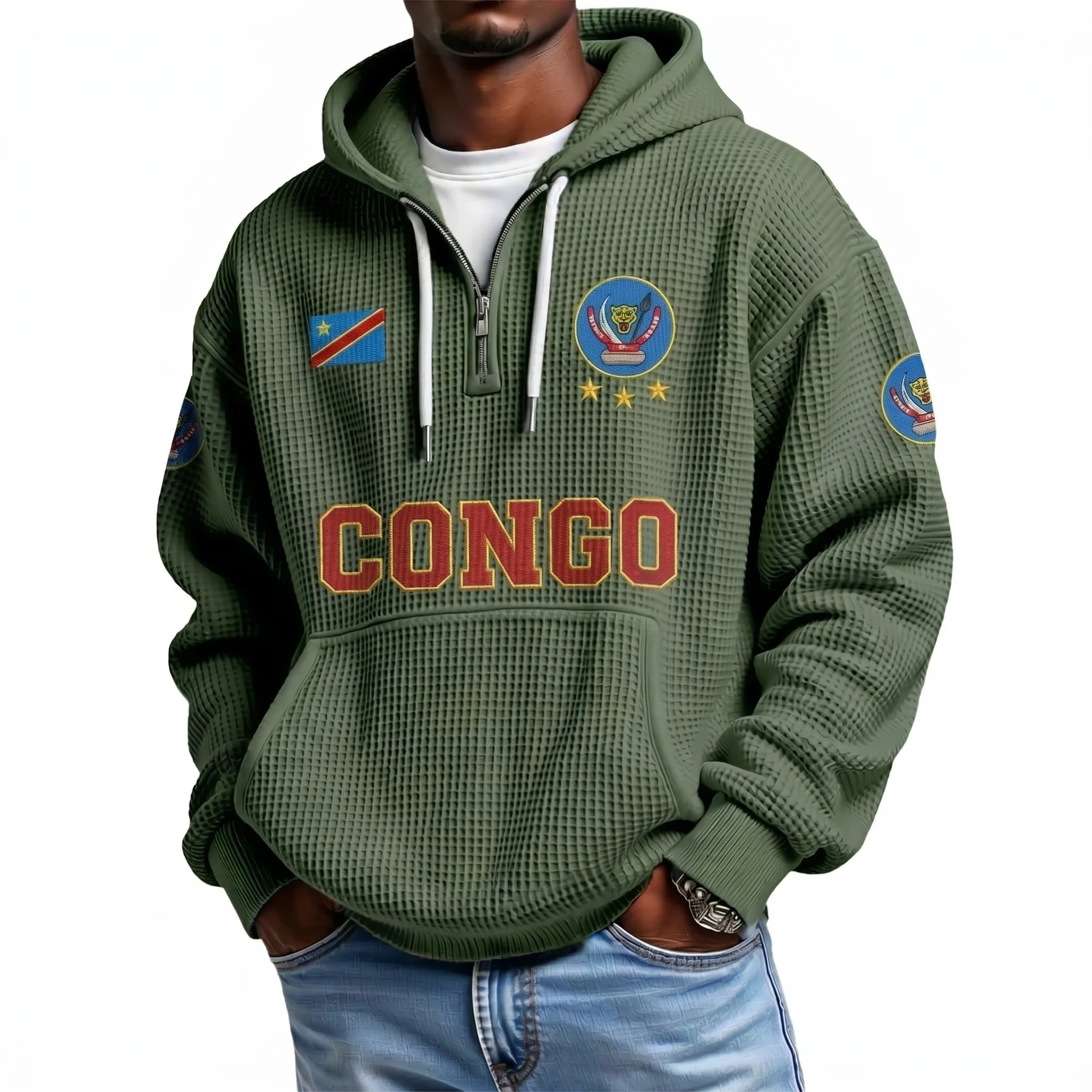 Democratic Republic of the Congo Printed Waffle Quarter Zip Football Fan Hoodie