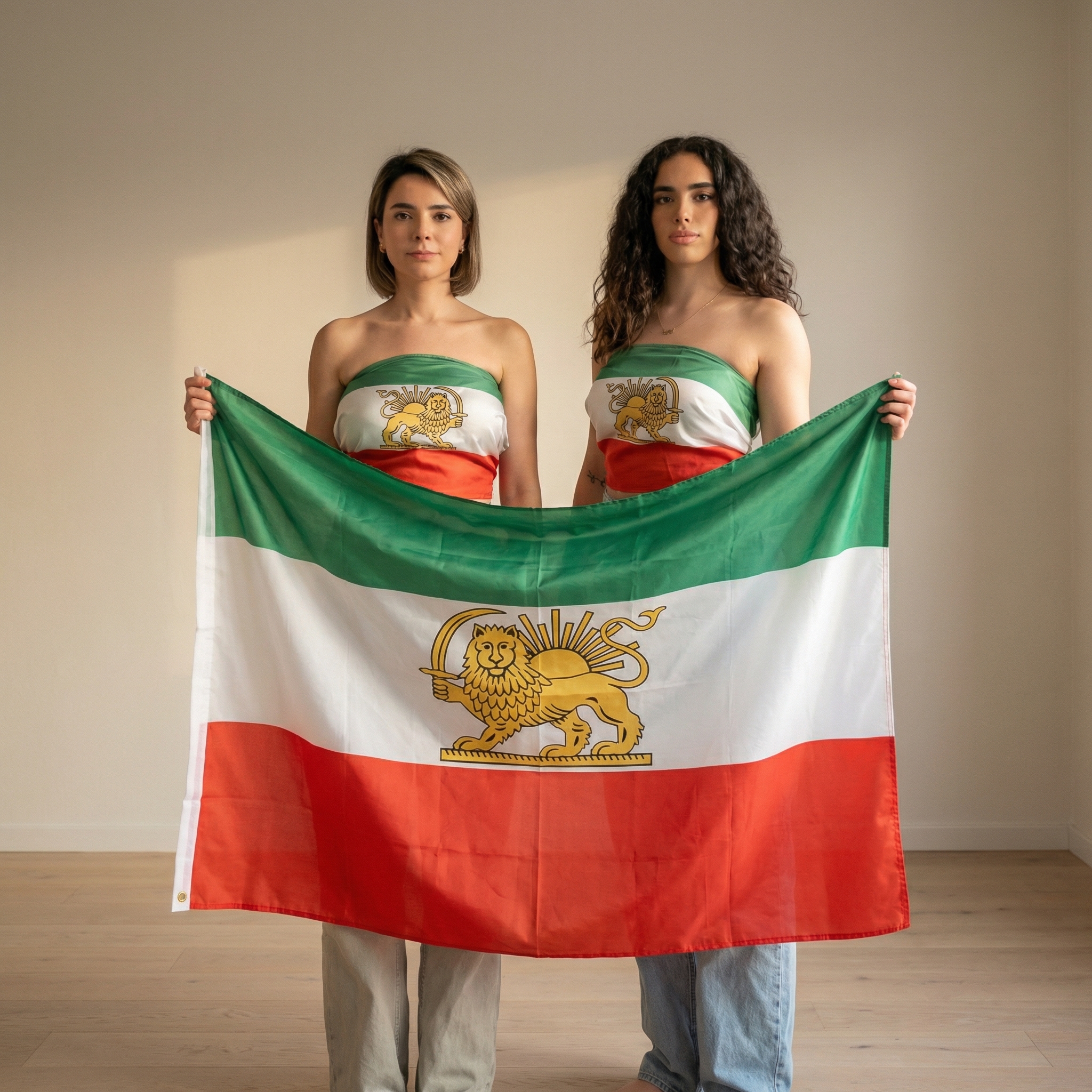 Historic Pre 1979 Iran Flag With Lion And Sun Emblem - front view on white background