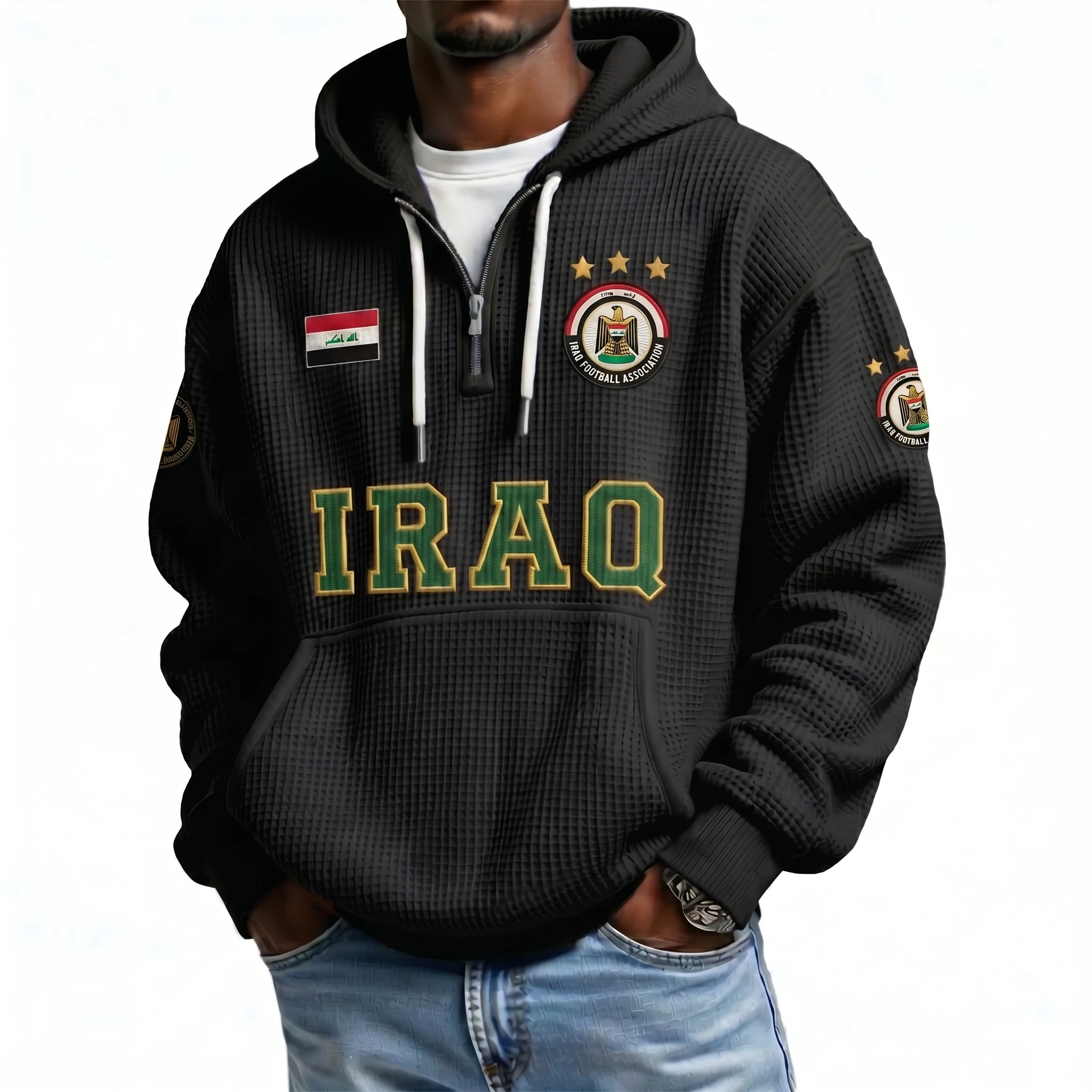 Iraq Printed Waffle Quarter Zip Football Fan Hoodie