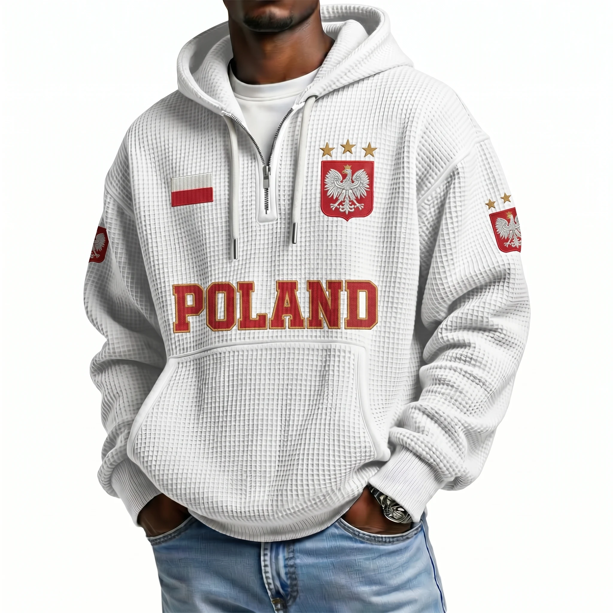 Poland Printed Waffle Quarter Zip Football Fan Hoodie