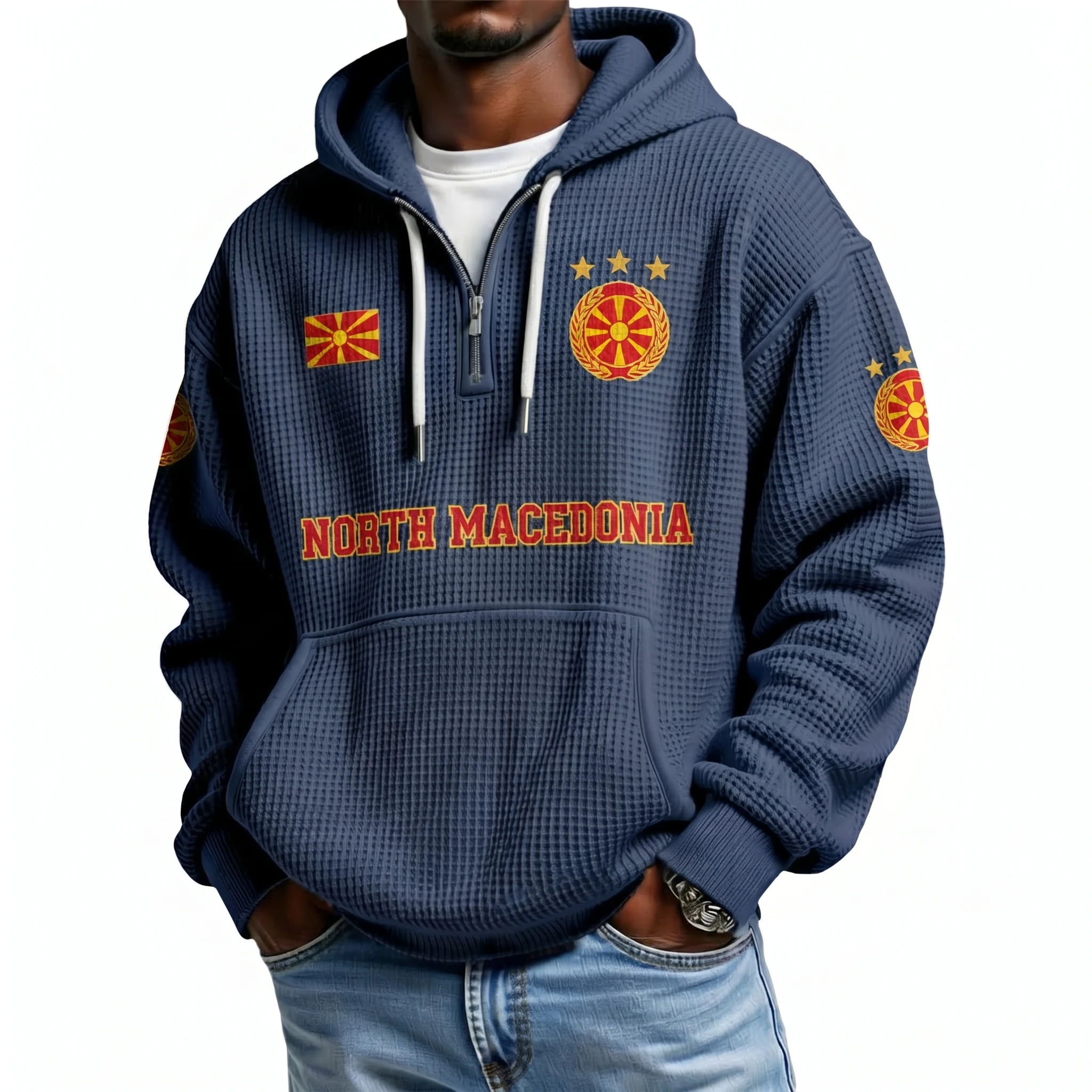North Macedonia Printed Waffle Quarter Zip Football Fan Hoodie