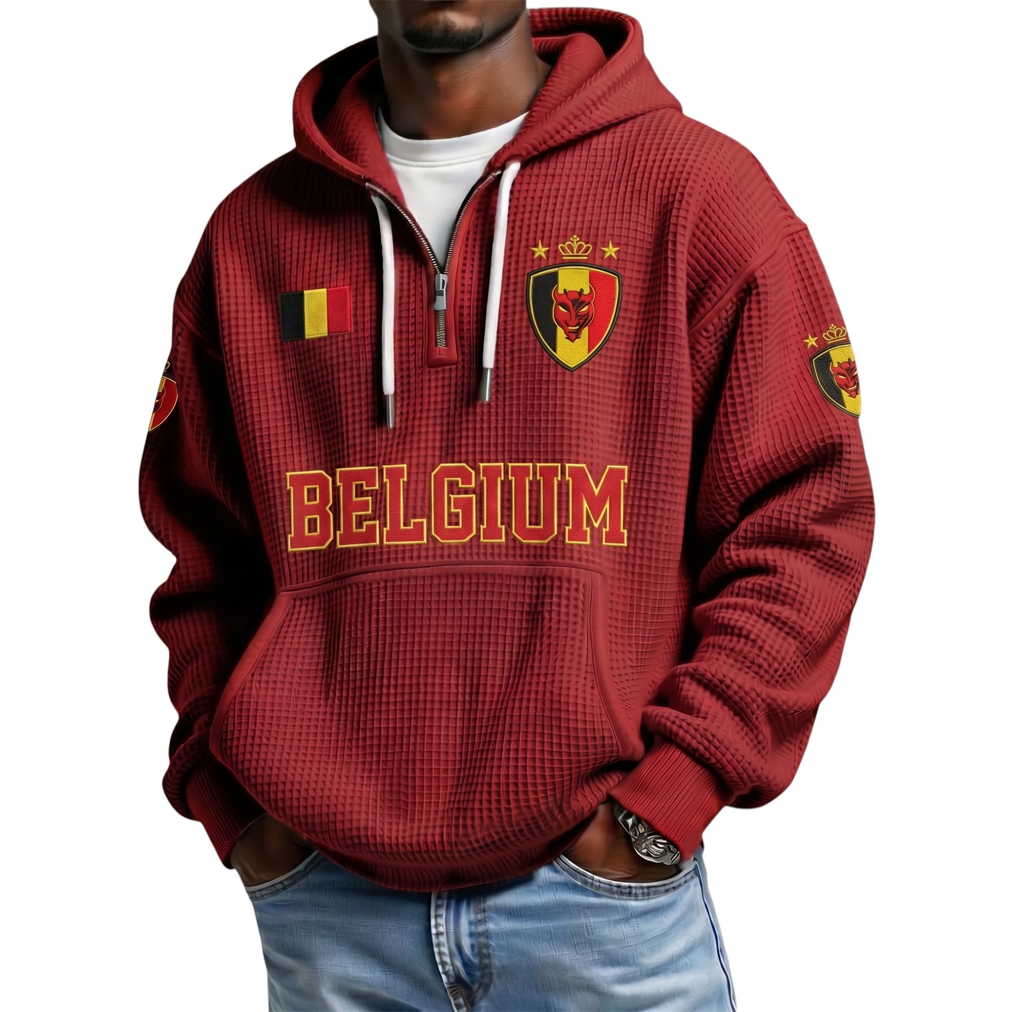 Belgium Printed Waffle Quarter Zip Football Fan Hoodie
