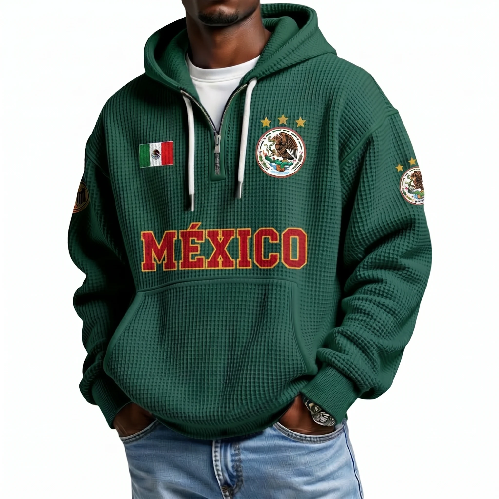 Mexico Printed Waffle Quarter Zip Football Fan Hoodie