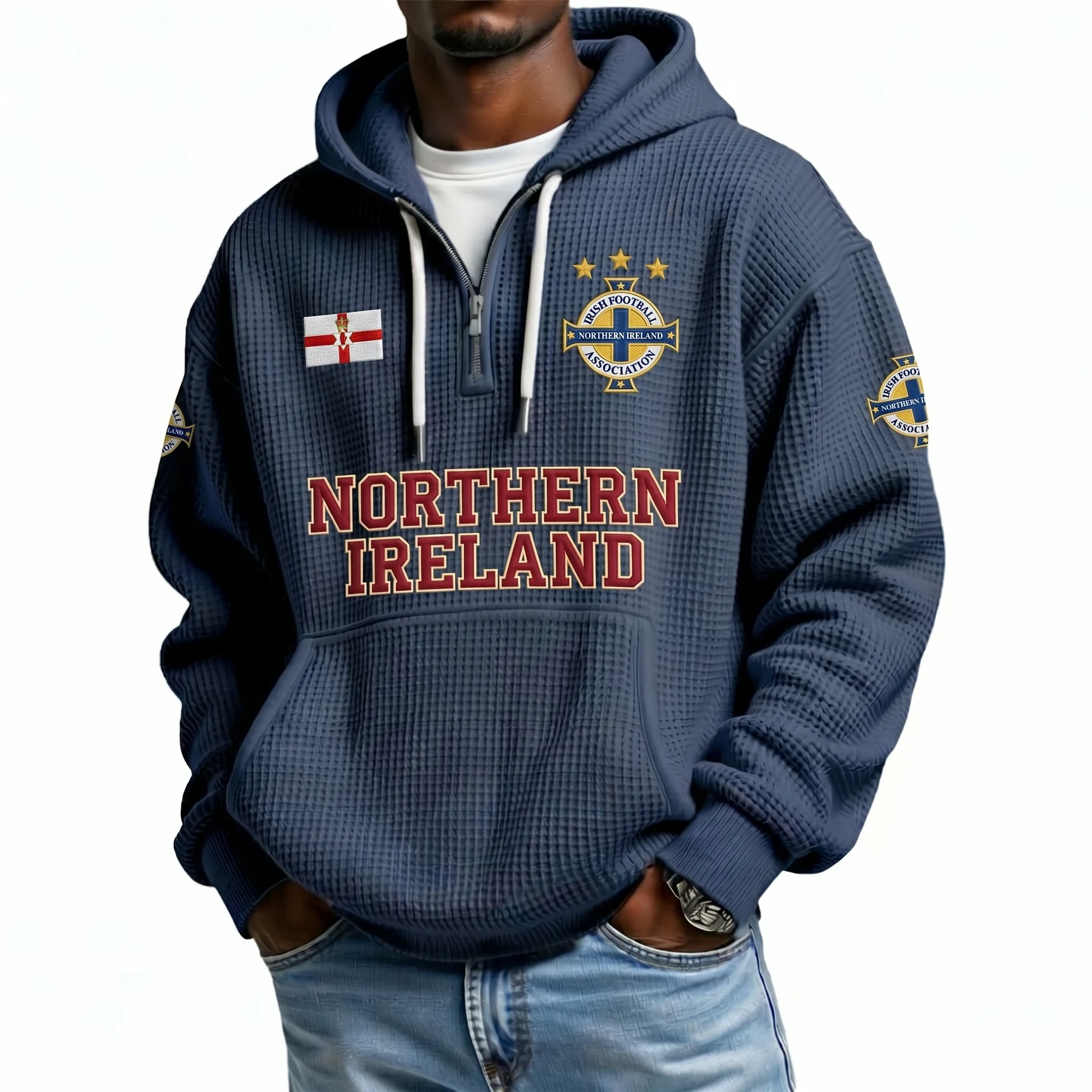 Northern Ireland Printed Waffle Quarter Zip Football Fan Hoodie