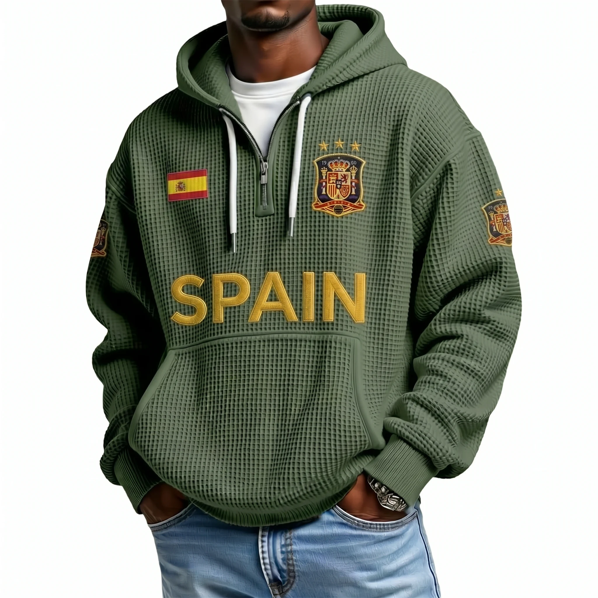 Spain Printed Waffle Quarter Zip Football Fan Hoodie