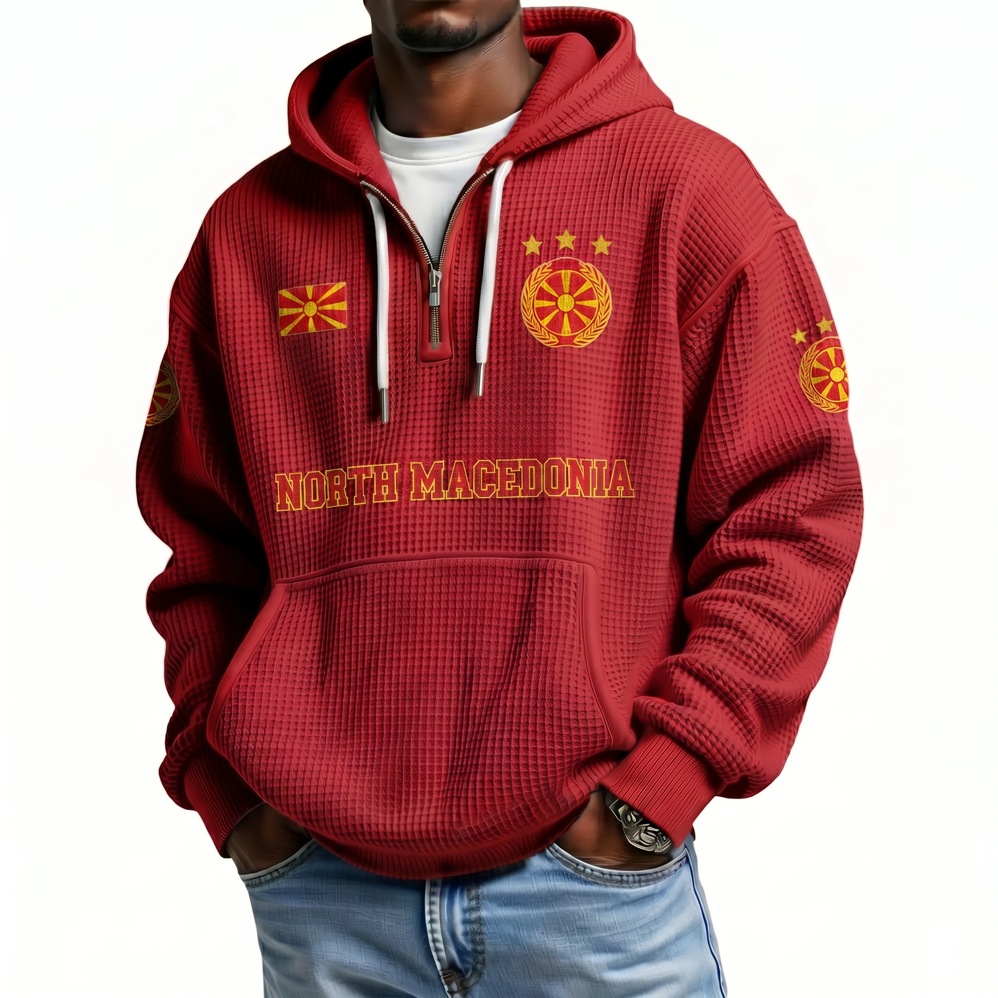 North Macedonia Printed Waffle Quarter Zip Football Fan Hoodie