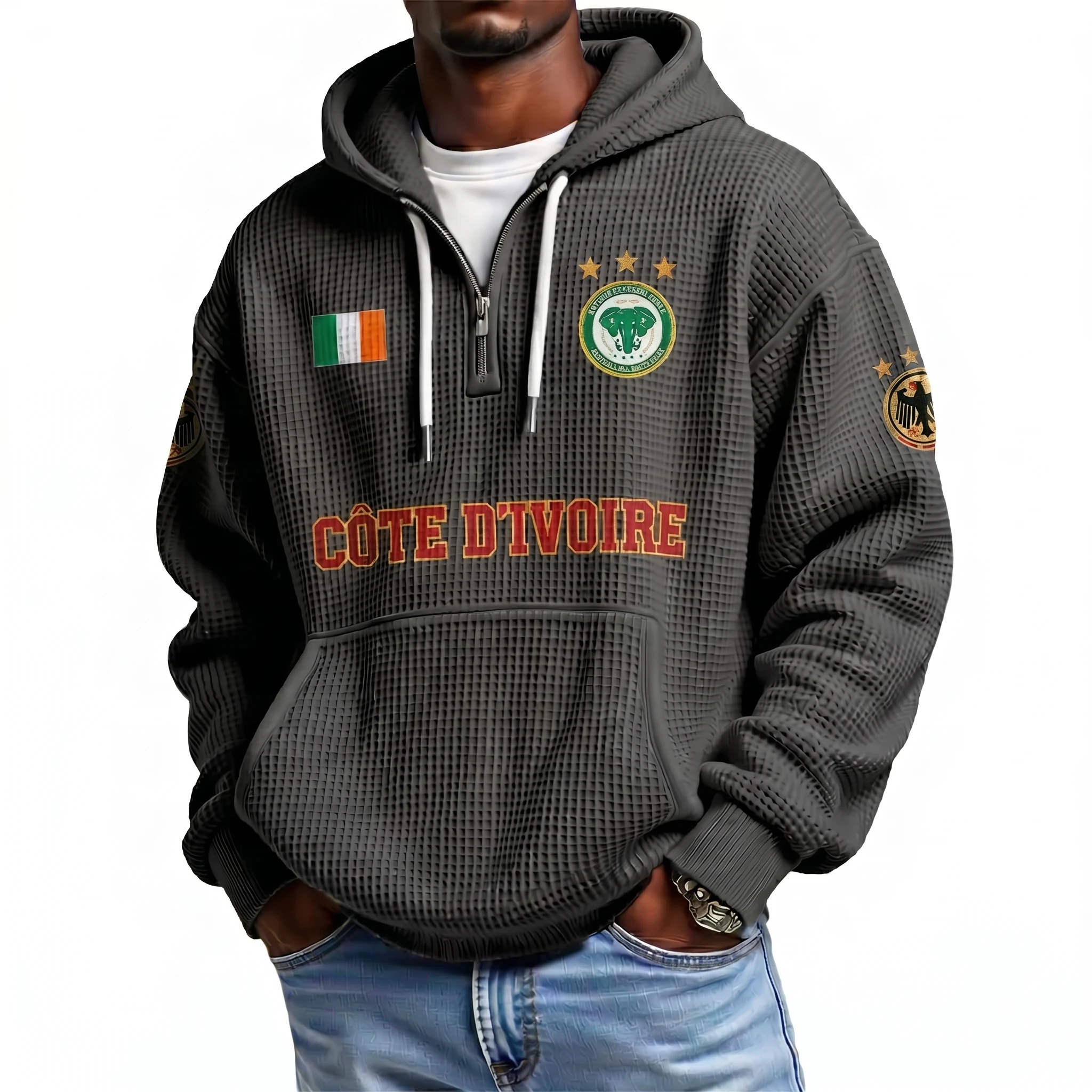 Cote d'Ivoire Printed Waffle Quarter Zip Football Fan Hoodie
