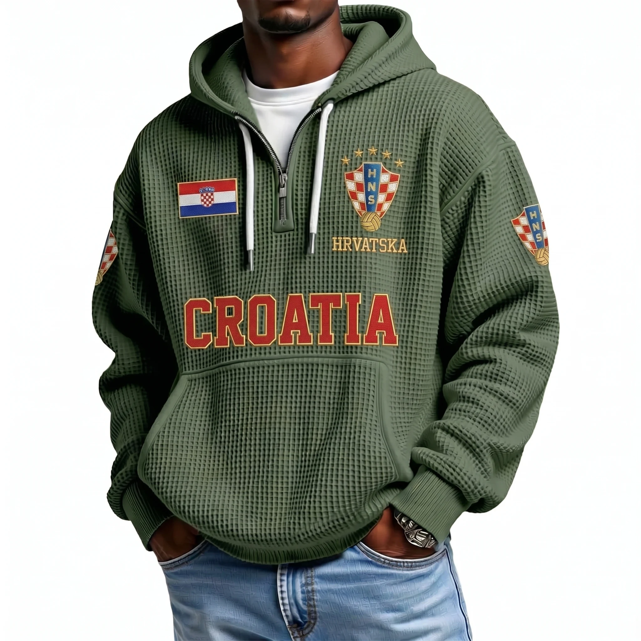 Croatia Printed Waffle Quarter Zip Football Fan Hoodie