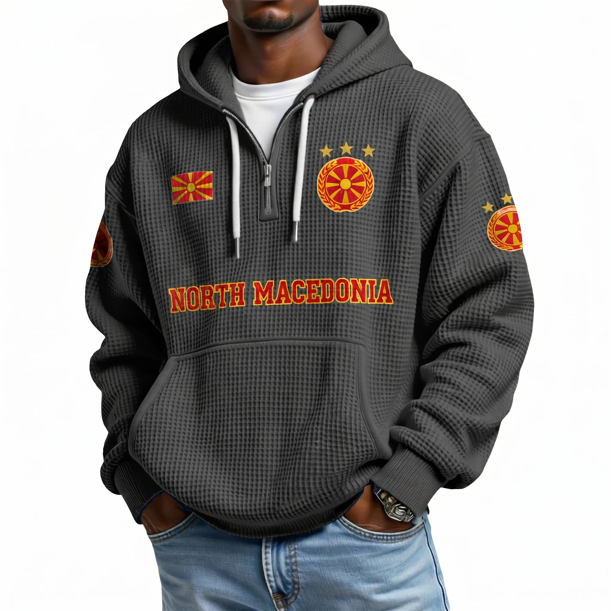North Macedonia Printed Waffle Quarter Zip Football Fan Hoodie
