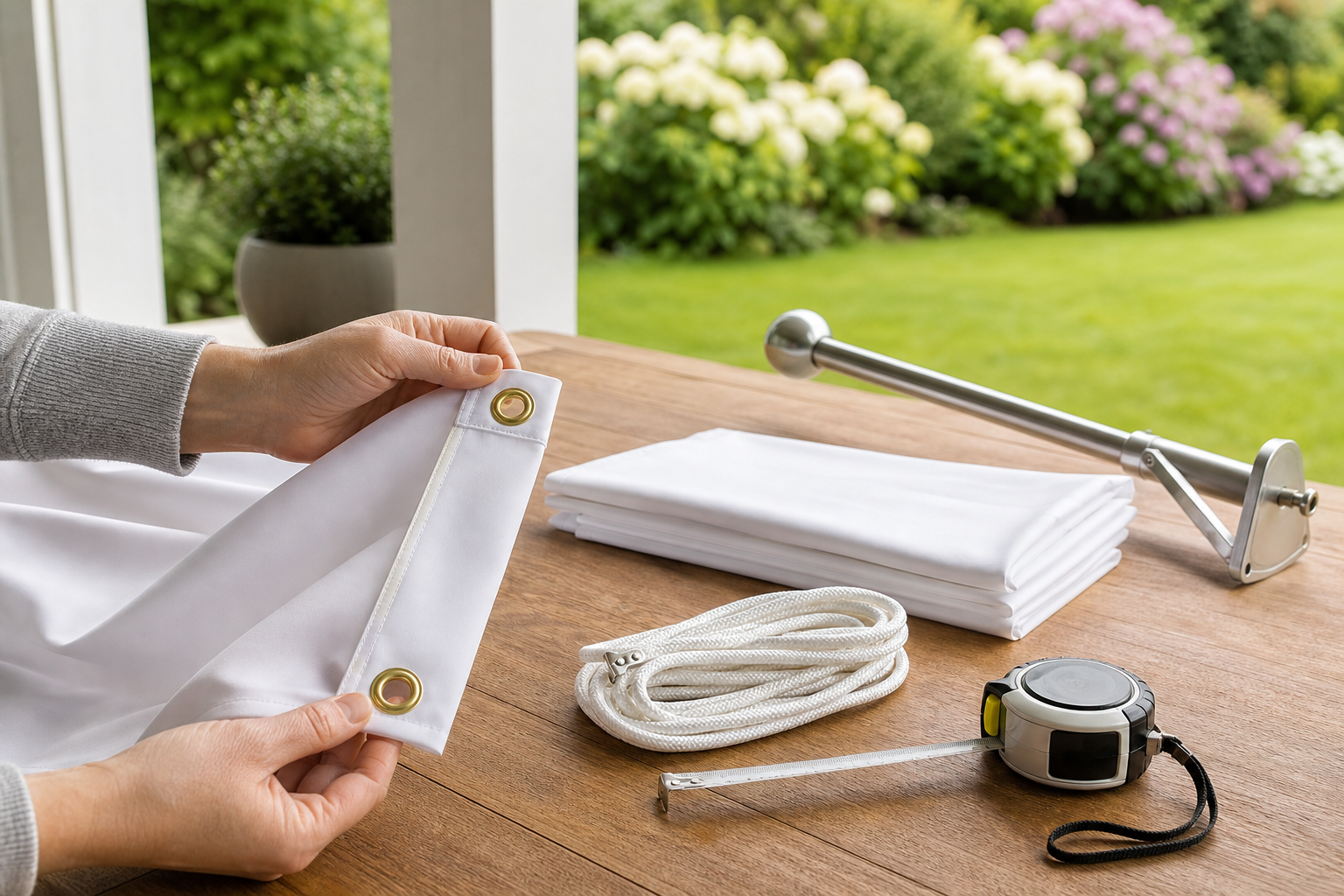 Hands inspecting brass grommets on plain white polyester fabric beside a flagpole bracket, halyard and measuring tape